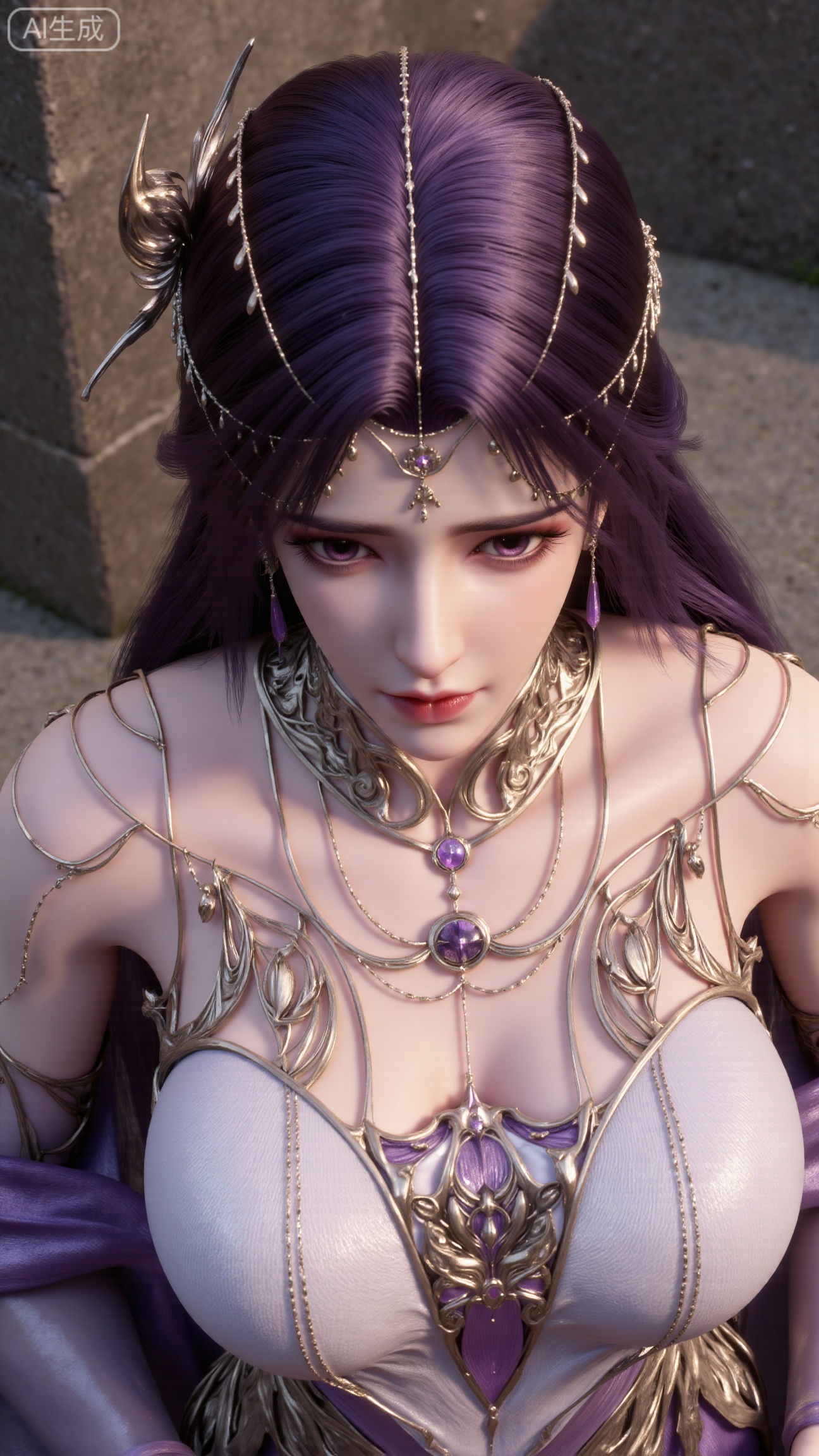 (masterpiece, best quality:1.2),Donghua heroine, close-up of face and chest, top-down view, dark purple hairstyle, elaborate makeup, luxurious gold filigree bustier, finger lightly touching the chest, textured rock background, natural soft light, ultra-realistic feel, professional-grade 3D render.,(huge breasts:2.99),(full breasts:2.99),XbaifengsongyuYH,Xbigbreasts,XyunxitianmingshiY,XyunxitianmingshiY
