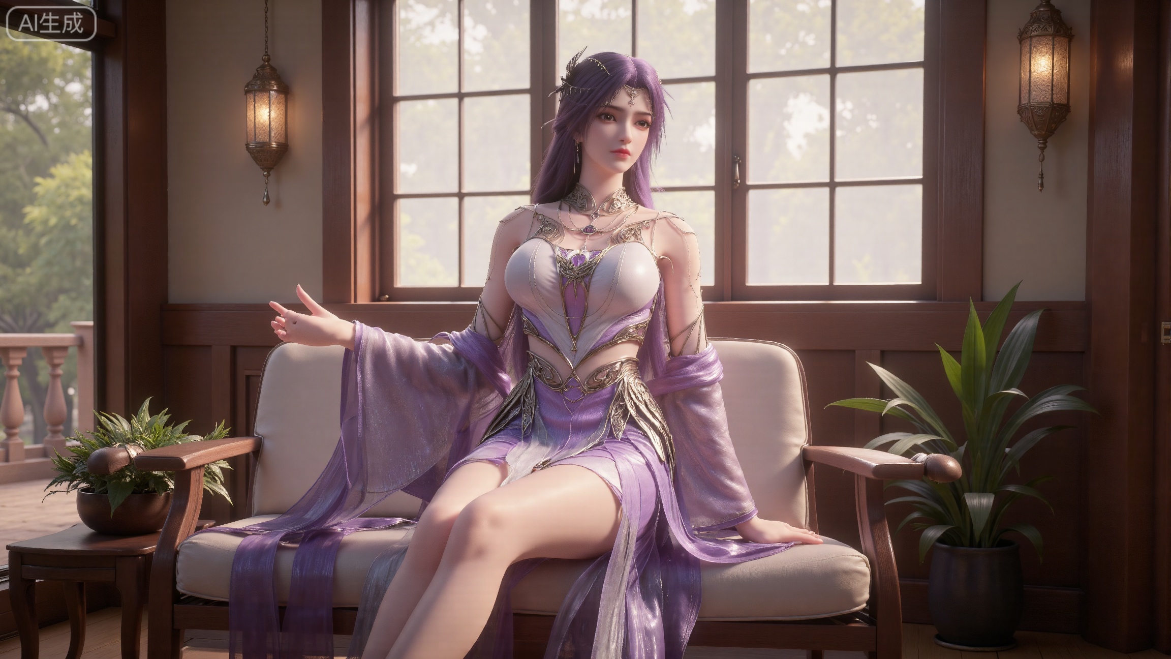 (masterpiece, best quality:1.2),indoors,window,traditional lantern,bare legs,potted plants, long legs,dress,blurry background,motion blur,full body,legs,beautiful detailed eyes,legs,breasts,Detailed eyes,CG rendering,8K resolution,8K quality,Volume light,room,forest,(huge breasts:2.99),(full breasts:2.99),,XbaifengsongyuYH,Xbigbreasts,XyunxitianmingshiY,XyunxitianmingshiY