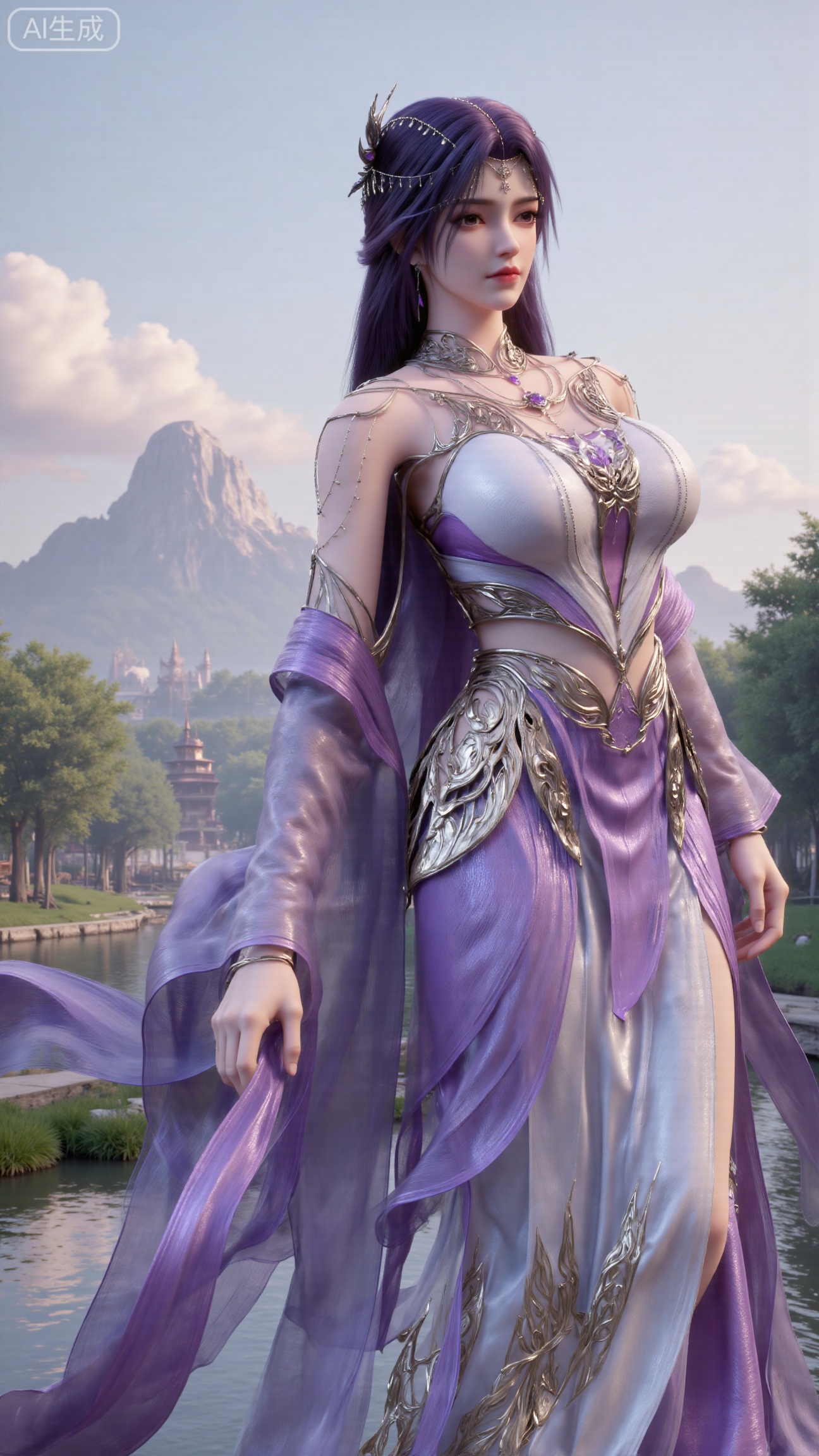 (masterpiece, best quality:1.2),1 girl, solo, long hair, black hair, hair accessories, clothing, cleavage cuts, long dress, jewelry, upper body, earrings. Background is outdoor, sky, clouds, water, trees, architecture, landscape, lantern, mountain, dragon, architecture, bridge, east Asian architecture, fog, pagoda,,(huge breasts:2.99),(full breasts:2.99),,XbaifengsongyuYH,Xbigbreasts,XyunxitianmingshiY,XyunxitianmingshiY