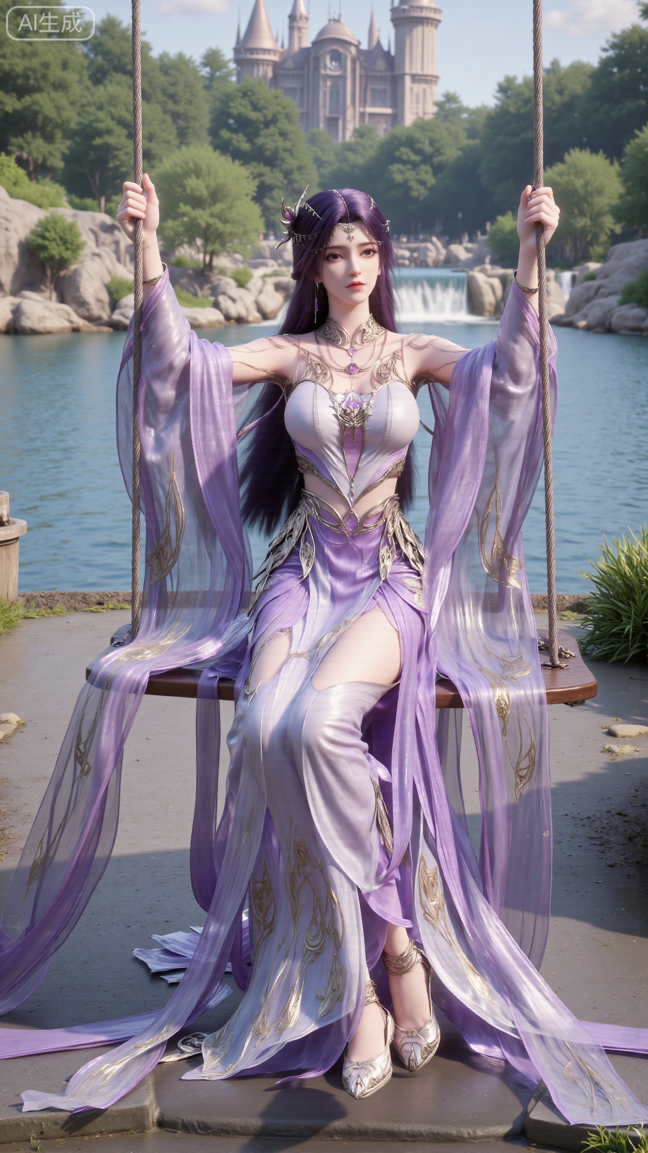 (masterpiece, top quality, best quality, official art, beautiful and aesthetic:1.2),Dynamic posture,(,Sitting on the swing:1.39),natural skin texture,(Milky skin:1.2),1gir,solo,Dress, (Long legs, perfect proportions:1.2),(Sakura, butterfly:1.29),(huge breasts:2.99),(full breasts:2.99),castle, waterfall, mountains in the distance,XbaifengsongyuYH,Xbigbreasts,XyunxitianmingshiY,XyunxitianmingshiY