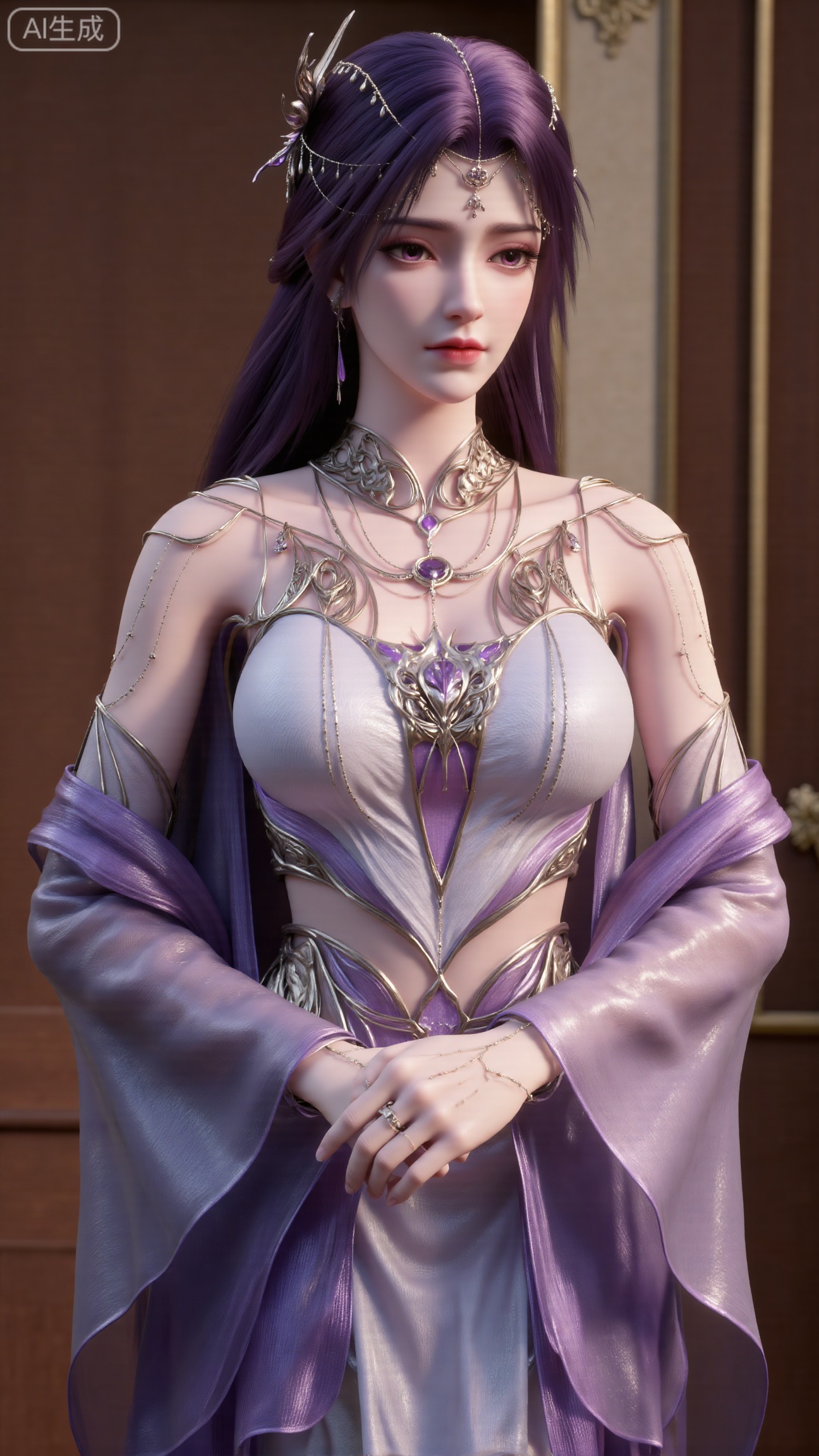 (masterpiece, best quality:1.2),Stunningly beautiful Chinese immortal fairy, purple hair, high-precision 3D rendering, Chinese fantasy donghua style, white and purple ancient costume long dress, transparent light gauze sleeves, intricate gold wire metal body jewelry, gentle eyes, standing pose, hands folded, indoor palace background, soft rim light, high-gloss material, cinematic lighting. Depth of field, ultra detail, 8K.,(huge breasts:2.99),(full breasts:2.99),XbaifengsongyuYH,Xbigbreasts,XyunxitianmingshiY,XyunxitianmingshiY