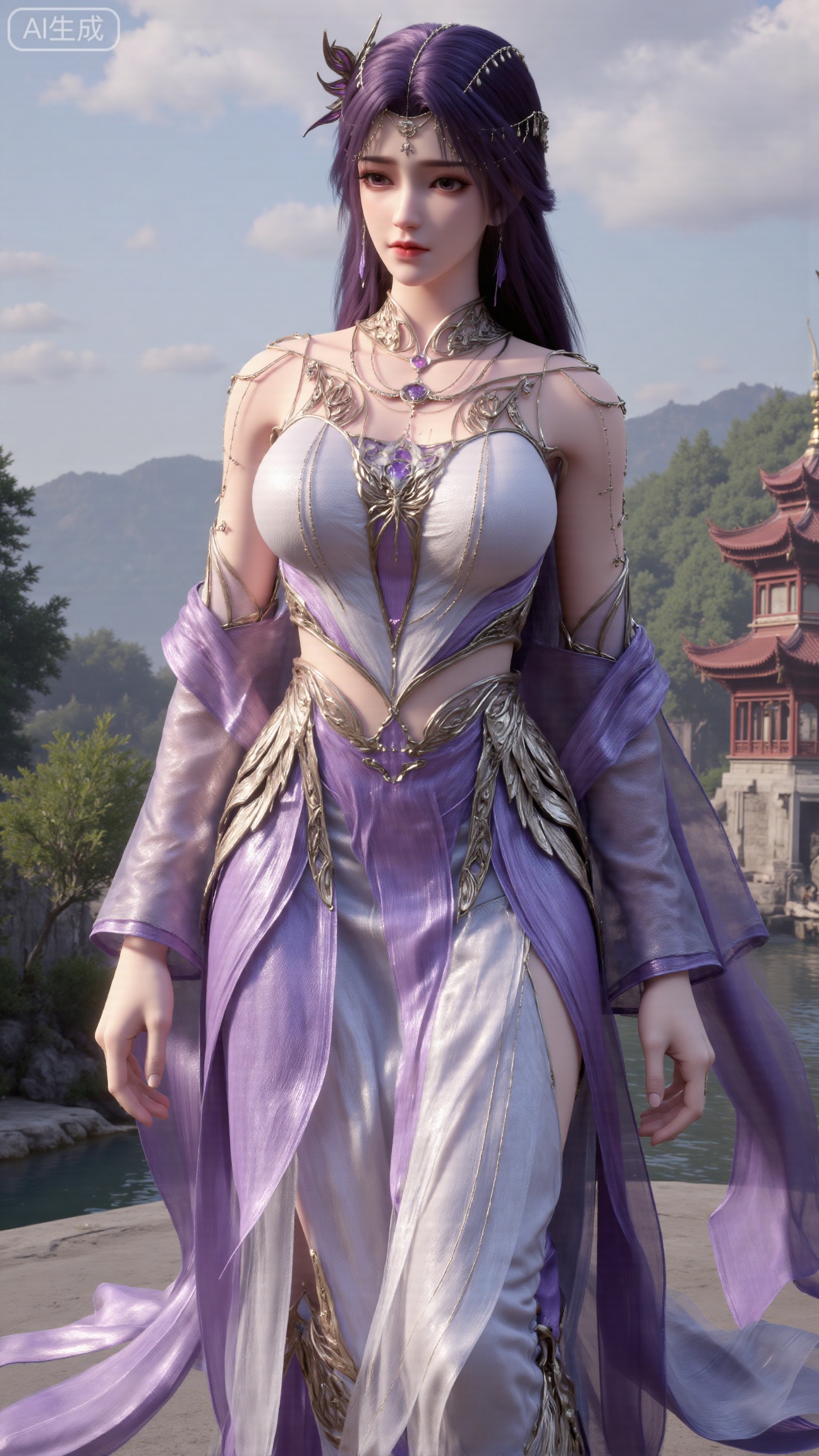 (masterpiece, best quality:1.2),1 girl, solo, long hair, black hair, hair accessories, clothing, cleavage cuts, long dress, jewelry, upper body, earrings. Background is outdoor, sky, clouds, water, trees, architecture, landscape, lantern, mountain, dragon, architecture, bridge, east Asian architecture, fog, pagoda,,(huge breasts:2.99),(full breasts:2.99),,XbaifengsongyuYH,Xbigbreasts,XyunxitianmingshiY,XyunxitianmingshiY