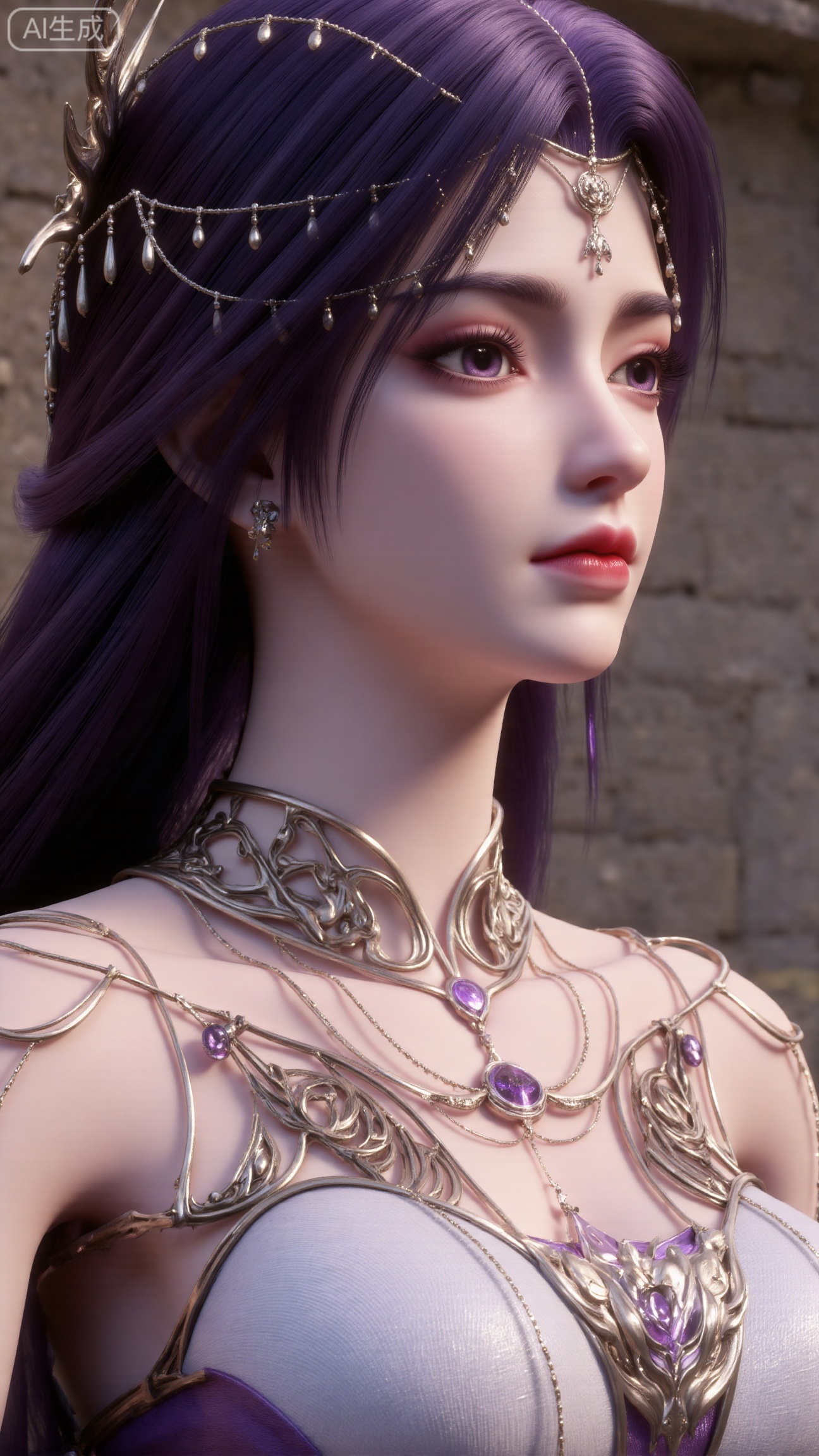 (masterpiece, best quality:1.2),Donghua heroine, close-up of face and chest, top-down view, dark purple hairstyle, elaborate makeup, luxurious gold filigree bustier, finger lightly touching the chest, textured rock background, natural soft light, ultra-realistic feel, professional-grade 3D render.,(huge breasts:2.99),(full breasts:2.99),XbaifengsongyuYH,Xbigbreasts,XyunxitianmingshiY,XyunxitianmingshiY