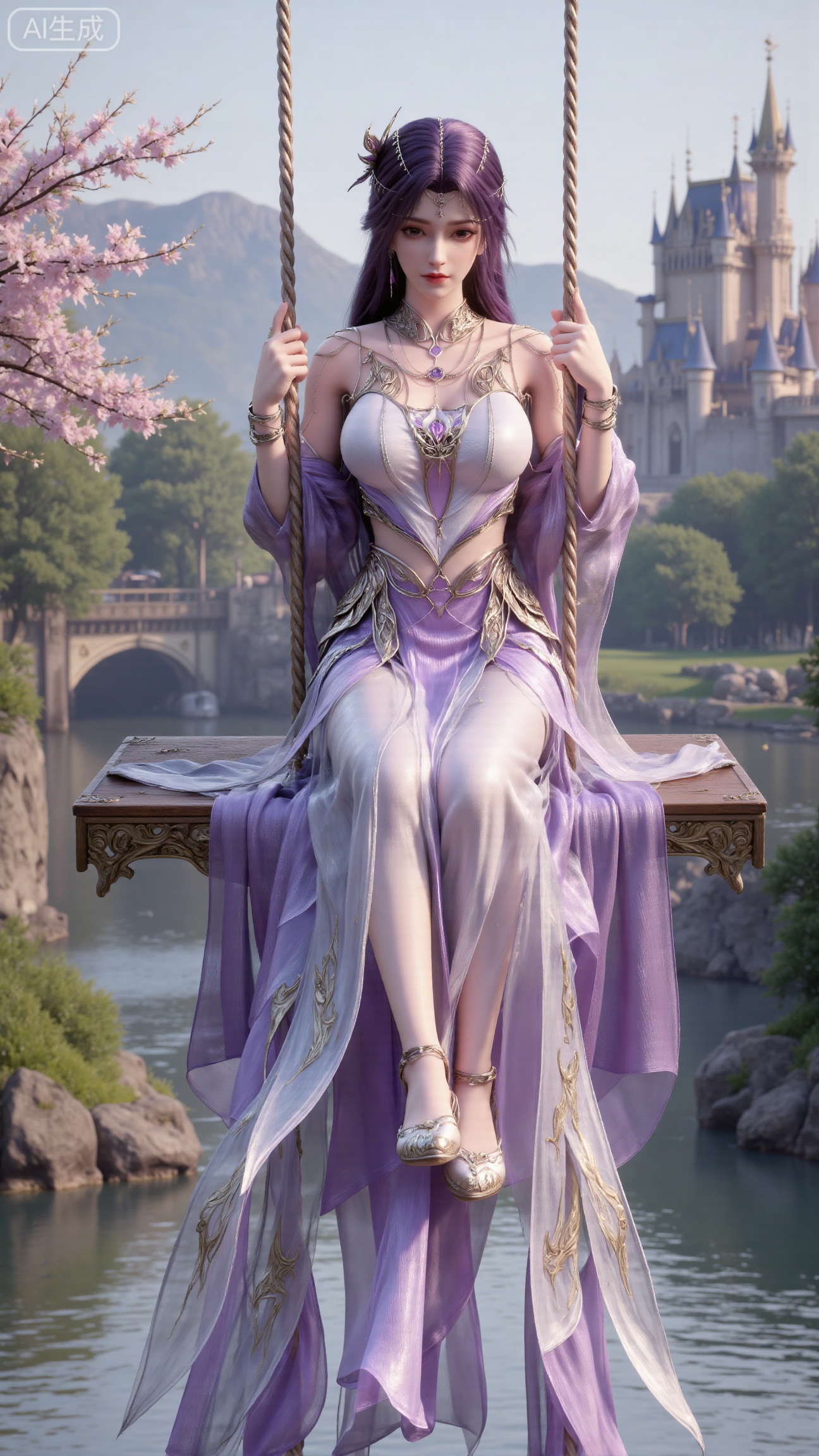 (masterpiece, top quality, best quality, official art, beautiful and aesthetic:1.2),Dynamic posture,(,Sitting on the swing:1.39),natural skin texture,(Milky skin:1.2),1gir,solo,Dress, (Long legs, perfect proportions:1.2),(Sakura, butterfly:1.29),(huge breasts:2.99),(full breasts:2.99),castle, waterfall, mountains in the distance,XbaifengsongyuYH,Xbigbreasts,XyunxitianmingshiY,XyunxitianmingshiY