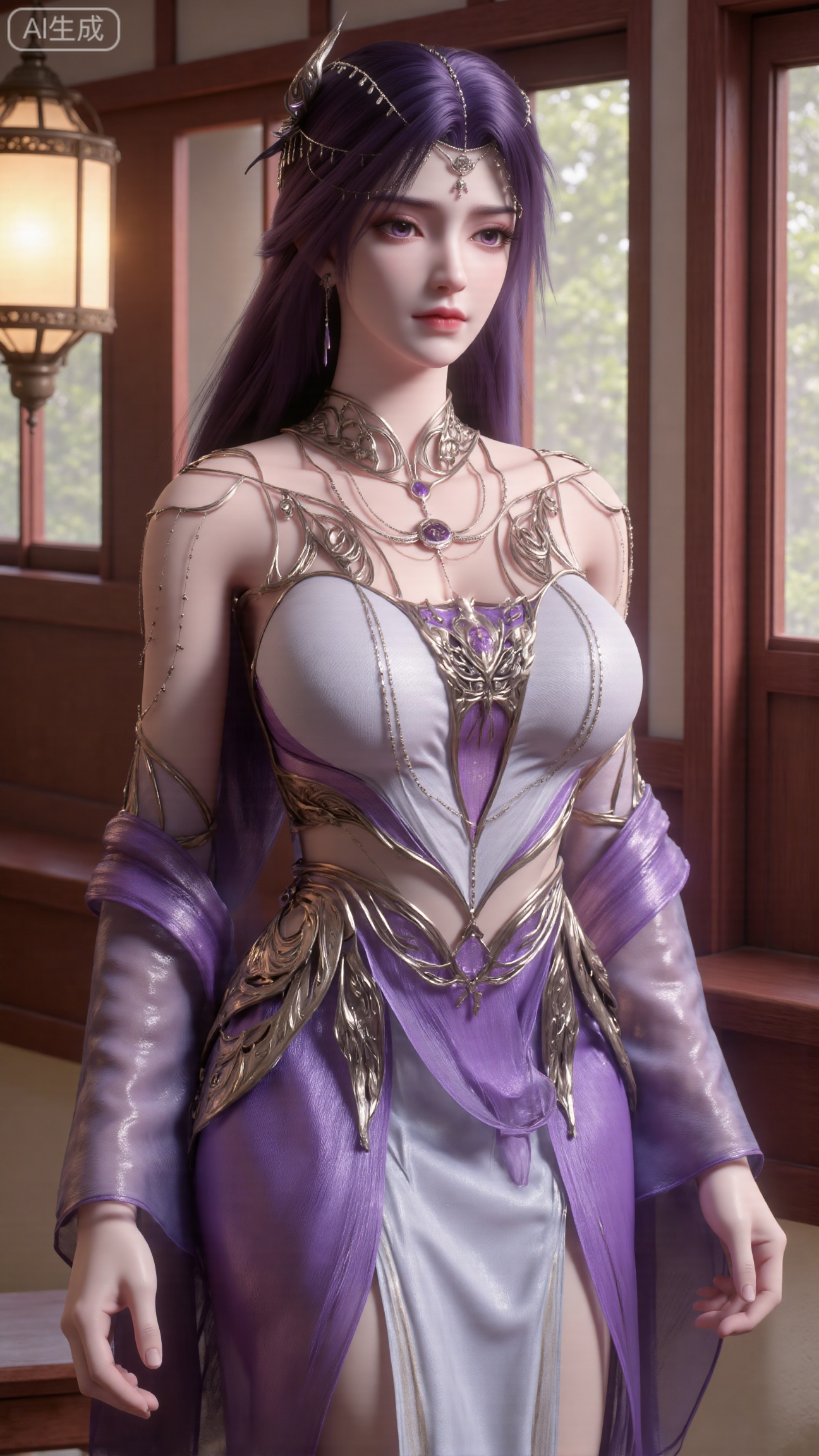 (masterpiece, best quality:1.2),indoors,window,traditional lantern,bare legs,potted plants, long legs,dress,blurry background,motion blur,full body,legs,beautiful detailed eyes,legs,breasts,Detailed eyes,CG rendering,8K resolution,8K quality,Volume light,room,forest,(huge breasts:2.99),(full breasts:2.99),XbaifengsongyuYH,Xbigbreasts,XyunxitianmingshiY,XyunxitianmingshiY