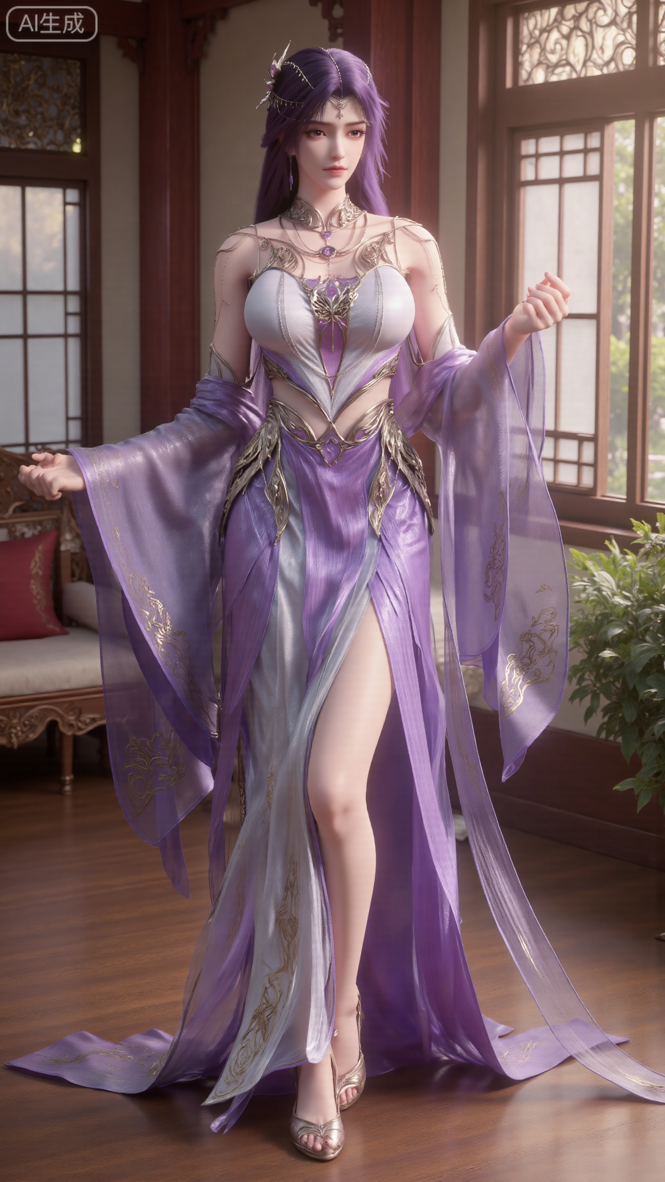 (masterpiece, best quality:1.2),indoors,window,traditional lantern,bare legs,potted plants, long legs,dress,blurry background,motion blur,full body,legs,beautiful detailed eyes,legs,breasts,Detailed eyes,CG rendering,8K resolution,8K quality,Volume light,room,forest,(huge breasts:2.99),(full breasts:2.99),XbaifengsongyuYH,Xbigbreasts,XyunxitianmingshiY,XyunxitianmingshiY