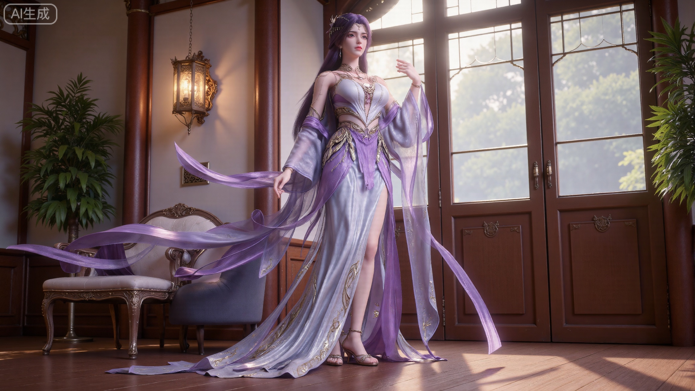  (masterpiece, best quality:1.2),indoors,window,traditional lantern,bare legs,potted plants, long legs,dress,blurry background,motion blur,full body,legs,beautiful detailed eyes,legs,breasts,Detailed eyes,CG rendering,8K resolution,8K quality,Volume light,room,forest,(huge breasts:2.99),(full breasts:2.99),,Xbigbreasts,XbaifengsongyuYH,XhanyunzhiXY,XliuyuY,XyunxitianmingshiY,XyunxitianmingshiY