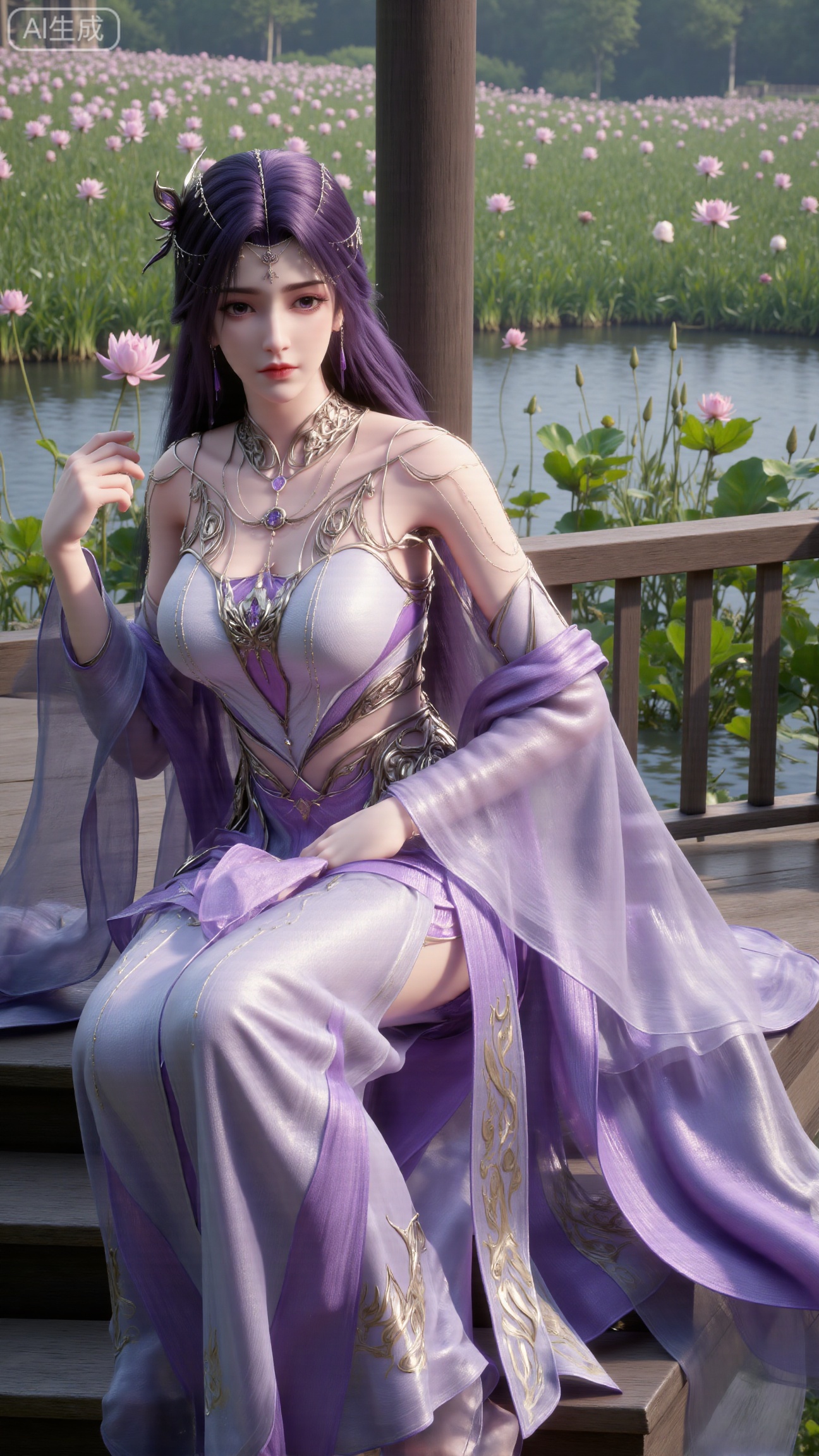 masterpiece,1girl,black hair,(Sitting by the lotus pond in the garden:1.3),(hanfu dress:1.3),black eyes,beautiful face,short sleeves,holding flower,looking at viewer,(huge breasts:2.99),(full breasts:2.99),,,Xbigbreasts,XbaifengsongyuYH,XhanyunzhiXY,XliuyuY,XyunxitianmingshiY,XyunxitianmingshiY