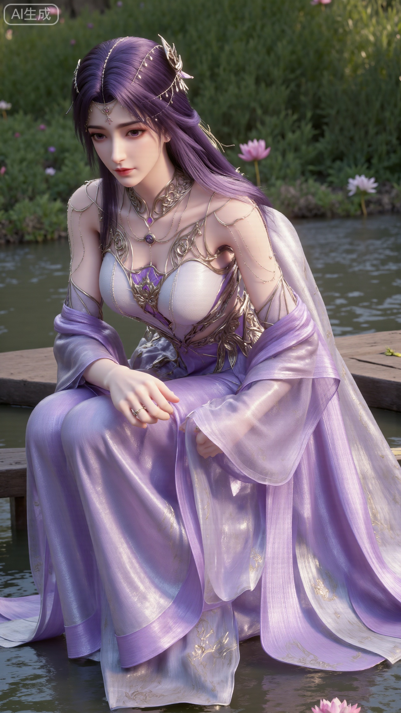 masterpiece,1girl,long hair,(Sitting by the lotus pond in the garden:1.3),(long dress:1.3),beautiful face,short sleeves,holding flower,looking at viewer,(huge breasts:2.99),(full breasts:2.99),,,Xbigbreasts,XbaifengsongyuYH,XhanyunzhiXY,XliuyuY,XyunxitianmingshiY,XyunxitianmingshiY