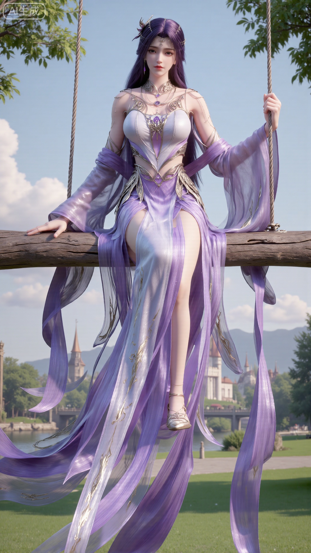  (masterpiece, top quality, best quality, official art, beautiful and aesthetic:1.2),Dynamic posture,(,Sitting on the swing:1.39),natural skin texture,(Milky skin:1.2),1gir,solo,Dress, (Long legs, perfect proportions:1.2),(Sakura, butterfly:1.29),(huge breasts:2.99),(full breasts:2.99),castle, waterfall, mountains in the distance,,Xbigbreasts,XbaifengsongyuYH,XhanyunzhiXY,XliuyuY,XyunxitianmingshiY,XyunxitianmingshiY