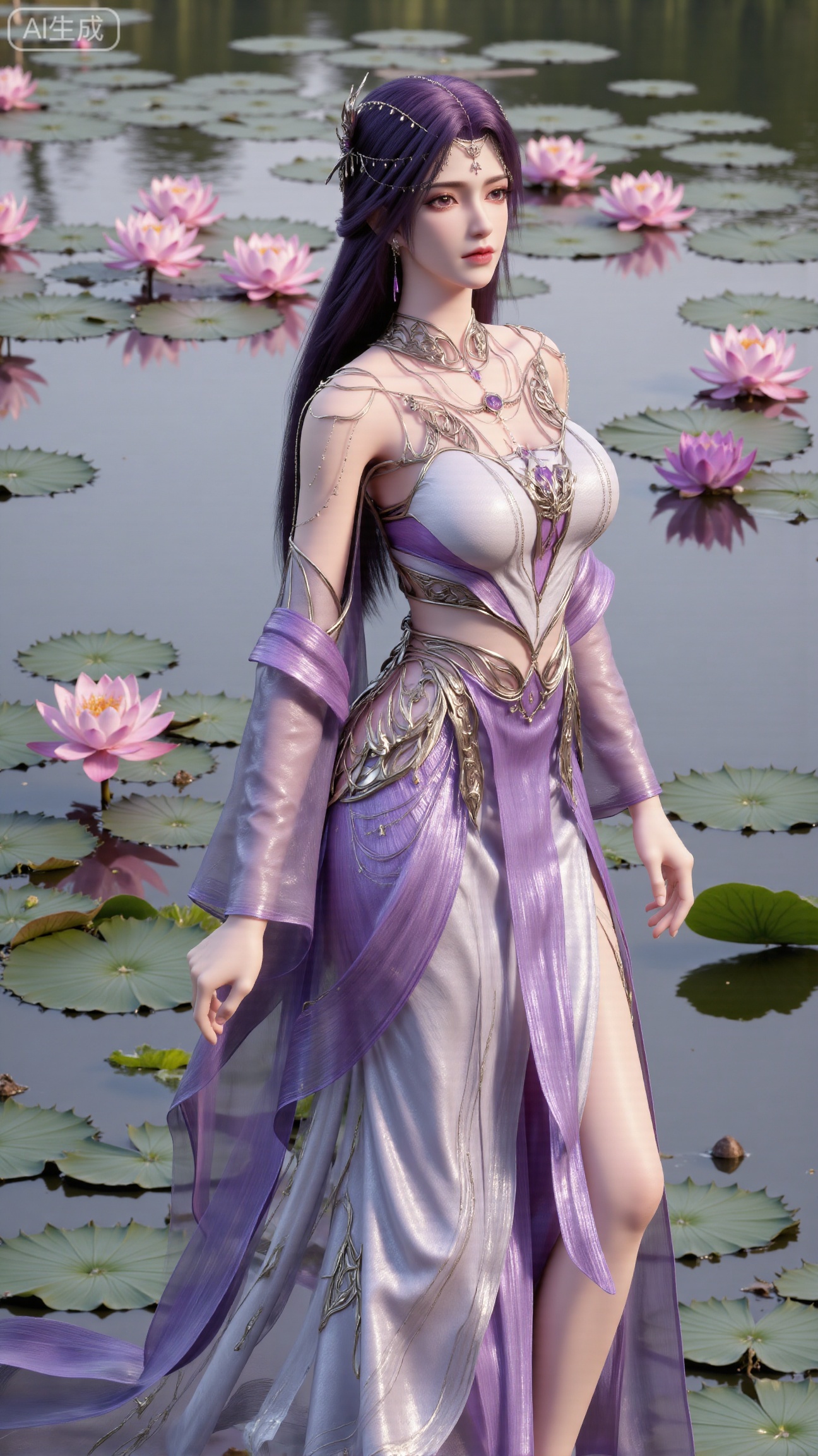 (masterpiece, best quality:1.2),1girl, navel, solo, midriff, bare shoulders, hair ornament,(long hair),(High double ponytail:1.19), red lips, BREAK, (looking at viewer:1.39), chinese clothes,(Holographic Color long dress:1.36), (lace,Rainbow Gradient Color:1.28), BREAK,blurry, solo focus, long hair, lips, daytime, lipstick, outdoors, standing,upper body,(huge breasts:2.89), background, solo, makeup,(Stockings, high heels:1.29),(huge breasts:2.99),(full breasts:2.99),,(Background with lotus pond and pink lotus flowers:1.39),,Xbigbreasts,XbaifengsongyuYH,XhanyunzhiXY,XliuyuY,XyunxitianmingshiY,XyunxitianmingshiY