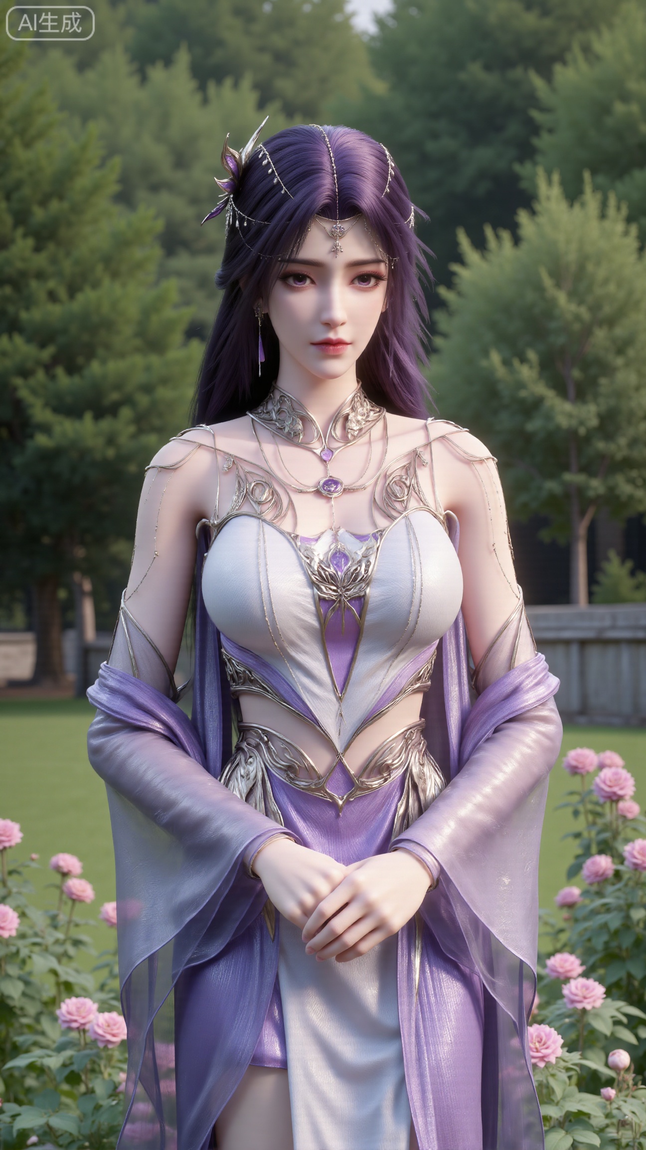 (masterpiece:1.2),best quality,,A woman adorned in traditional Chinese attire,( dress,black long hair),featuring a flowing robe with intricate embroidery and floral accents. A garden filled with pink roses and lush greenery. Soft pastel hues of white,blue,and green,creating a serene atmosphere. Photorealistic photography.,(huge breasts:2.99),(full breasts:2.99),,Xbigbreasts,XbaifengsongyuYH,XhanyunzhiXY,XliuyuY,XyunxitianmingshiY,XyunxitianmingshiY