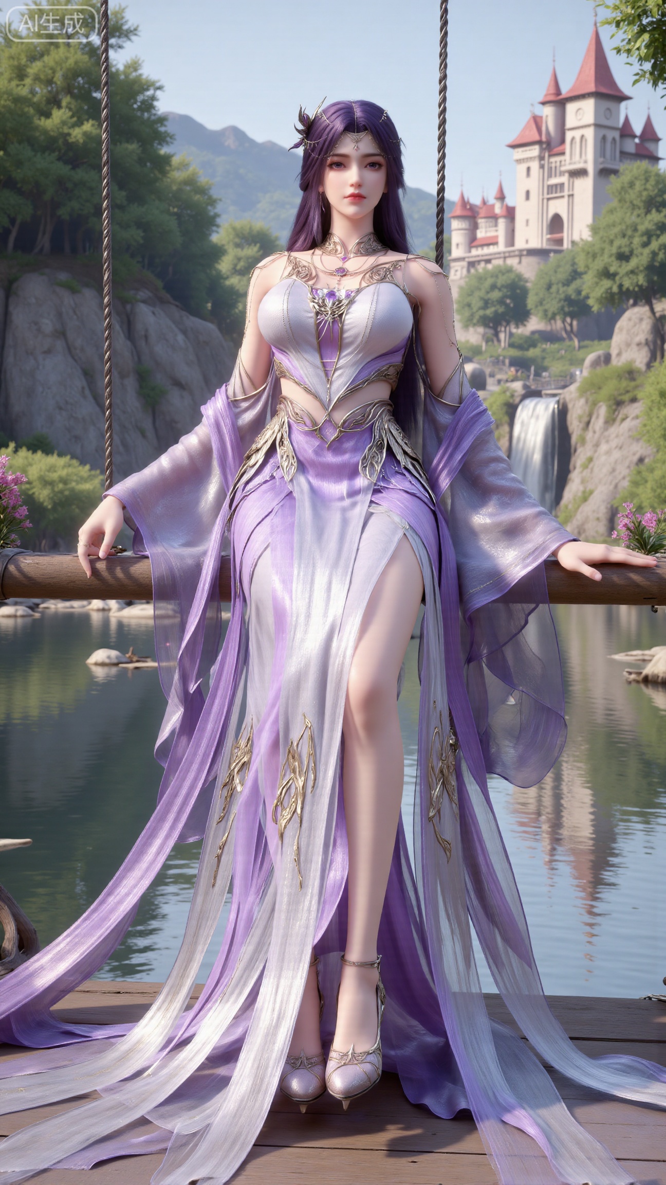  (masterpiece, top quality, best quality, official art, beautiful and aesthetic:1.2),Dynamic posture,(,Sitting on the swing:1.39),natural skin texture,(Milky skin:1.2),1gir,solo,Dress, (Long legs, perfect proportions:1.2),(Sakura, butterfly:1.29),(huge breasts:2.99),(full breasts:2.99),castle, waterfall, mountains in the distance,,Xbigbreasts,XbaifengsongyuYH,XhanyunzhiXY,XliuyuY,XyunxitianmingshiY,XyunxitianmingshiY