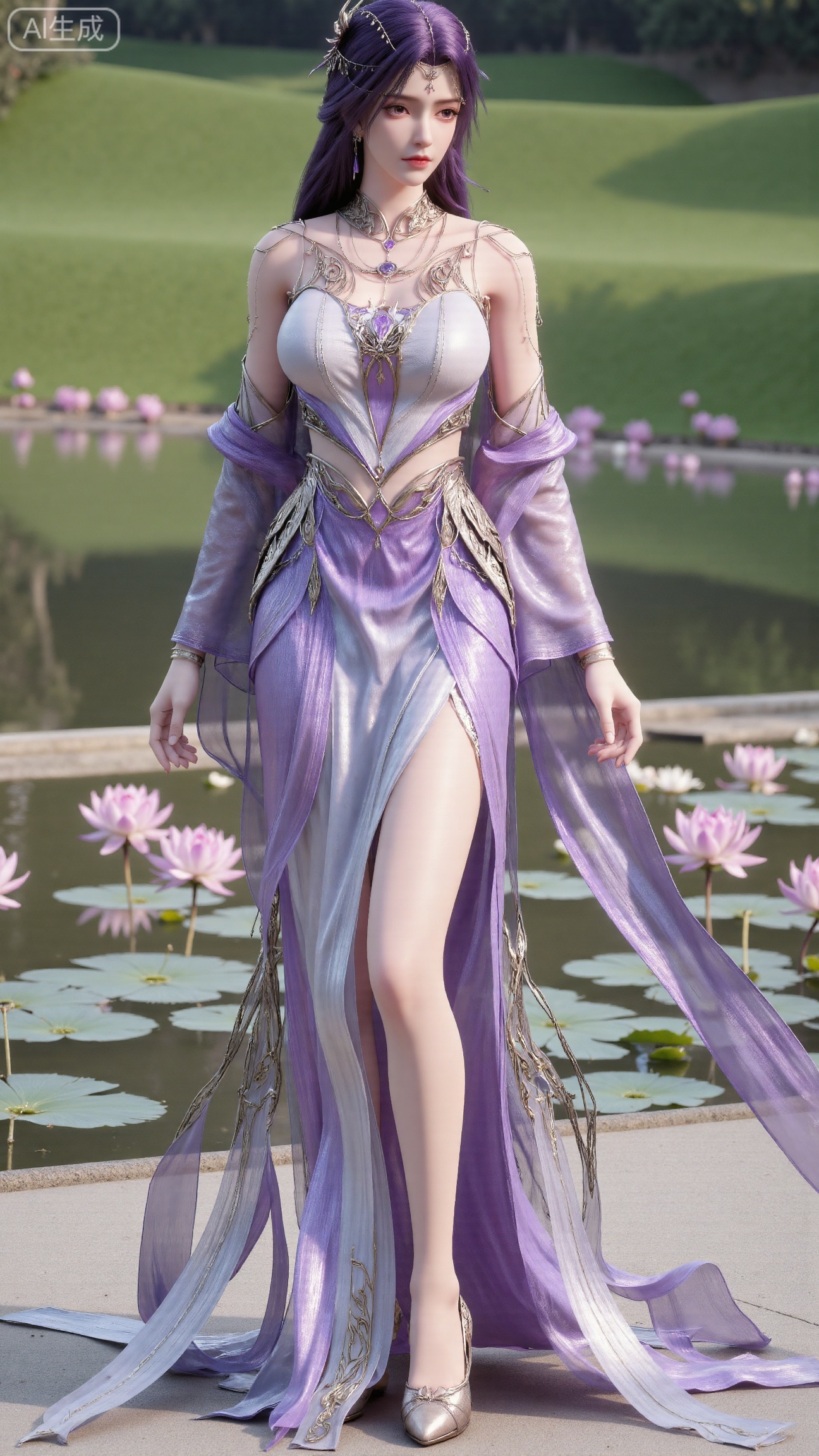 (masterpiece, best quality:1.2),1girl, navel, solo, midriff, bare shoulders, hair ornament,(long hair),(High double ponytail:1.19), red lips, BREAK, (looking at viewer:1.39), chinese clothes,(Holographic Color long dress:1.36), (lace,Rainbow Gradient Color:1.28), BREAK,blurry, solo focus, long hair, lips, daytime, lipstick, outdoors, standing,upper body,(huge breasts:2.89), background, solo, makeup,(Stockings, high heels:1.29),(huge breasts:2.99),(full breasts:2.99),,(Background with lotus pond and pink lotus flowers:1.39),,Xbigbreasts,XbaifengsongyuYH,XhanyunzhiXY,XliuyuY,XyunxitianmingshiY,XyunxitianmingshiY