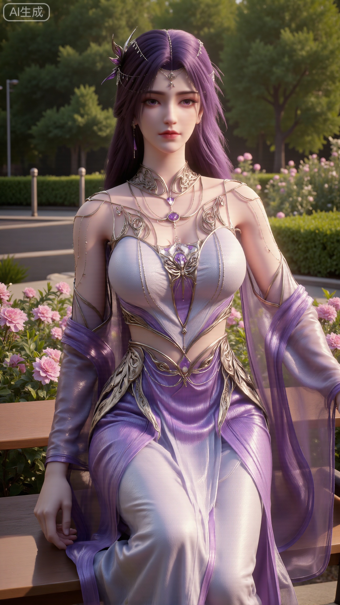 (masterpiece, best quality:1.2),A beauty ,(dress). Leaning on a garden bench filled with flowers,.Sunlight filters through the leaves onto her face, creating a lazy and gentle atmosphere, and her skirt sways softly in the breeze. 8K resolution, detailed texture of knitted fabric, lustrous pearl texture, vivid flower colors, soft natural light, Instagram - style filter texture.,(huge breasts:2.99),(full breasts:2.99),,Xbigbreasts,XbaifengsongyuYH,XhanyunzhiXY,XliuyuY,XyunxitianmingshiY,XyunxitianmingshiY