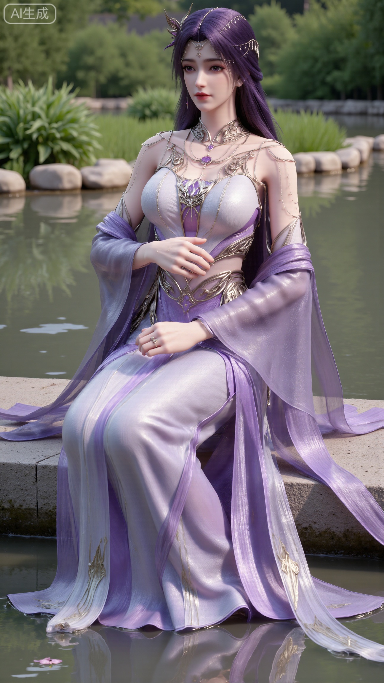 masterpiece,1girl,long hair,(Sitting by the lotus pond in the garden:1.3),(long dress:1.3),beautiful face,short sleeves,holding flower,looking at viewer,(huge breasts:2.99),(full breasts:2.99),,,Xbigbreasts,XbaifengsongyuYH,XhanyunzhiXY,XliuyuY,XyunxitianmingshiY,XyunxitianmingshiY