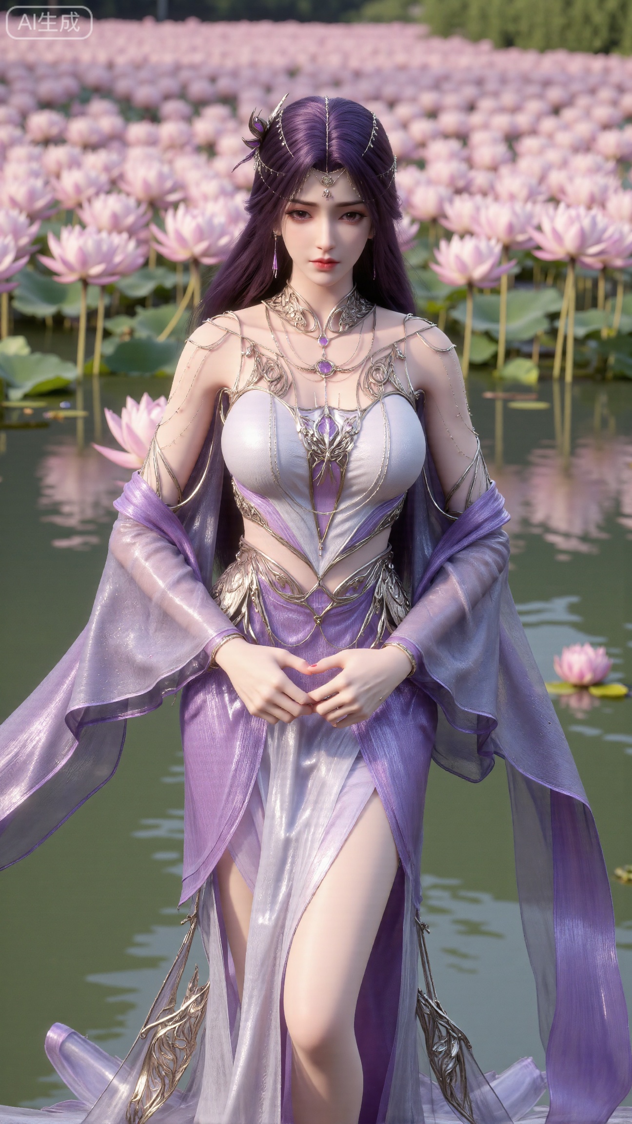 (masterpiece, best quality:1.2),1girl, navel, solo, midriff, bare shoulders, hair ornament,(long hair),(High double ponytail:1.19), red lips, BREAK, (looking at viewer:1.39), chinese clothes,(Holographic Color long dress:1.36), (lace,Rainbow Gradient Color:1.28), BREAK,blurry, solo focus, long hair, lips, daytime, lipstick, outdoors, standing,upper body,(huge breasts:2.89), background, solo, makeup,(Stockings, high heels:1.29),(huge breasts:2.99),(full breasts:2.99),,(Background with lotus pond and pink lotus flowers:1.39),,Xbigbreasts,XbaifengsongyuYH,XhanyunzhiXY,XliuyuY,XyunxitianmingshiY,XyunxitianmingshiY