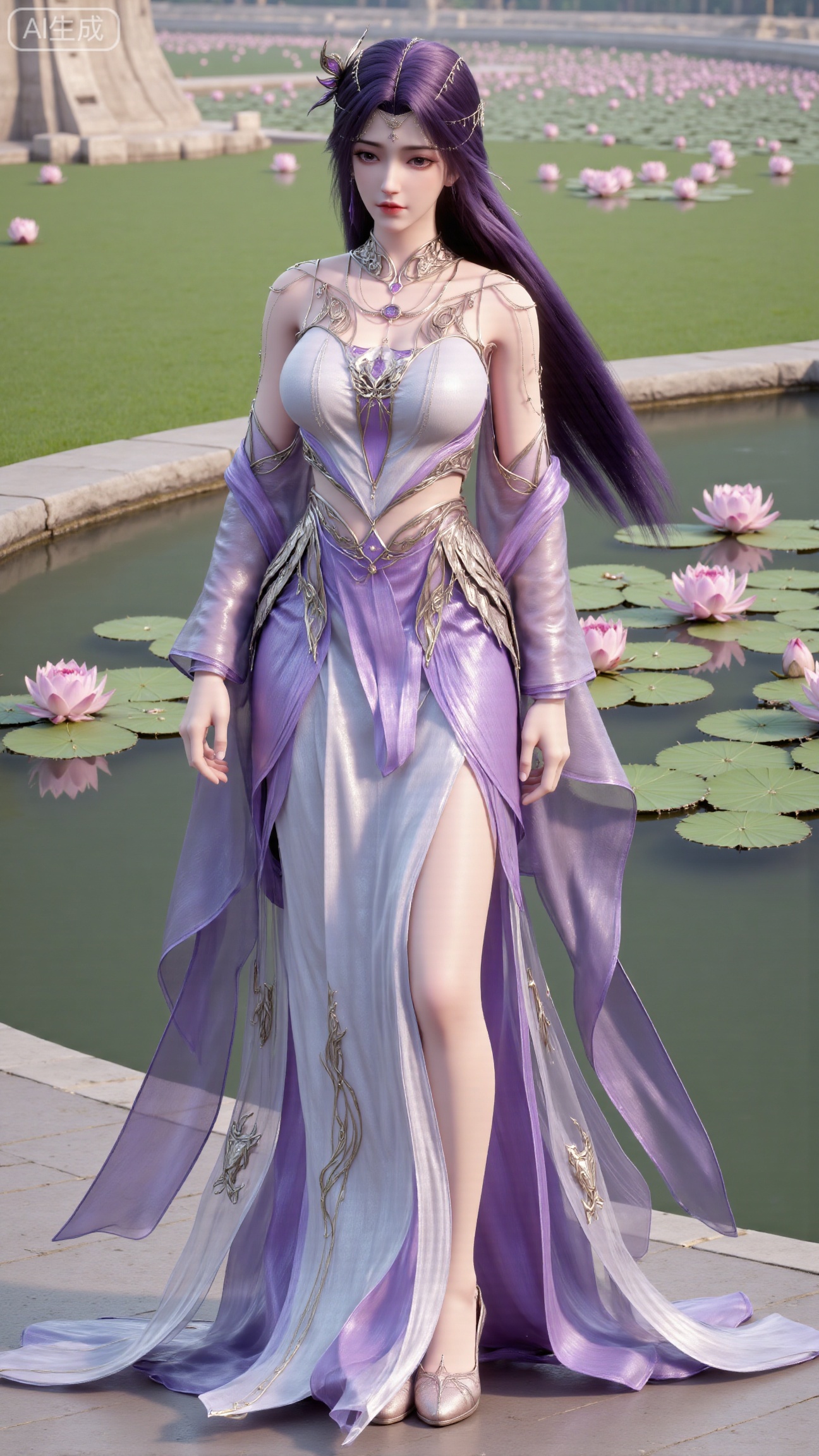 (masterpiece, best quality:1.2),1girl, navel, solo, midriff, bare shoulders, hair ornament,(long hair),(High double ponytail:1.19), red lips, BREAK, (looking at viewer:1.39), chinese clothes,(Holographic Color long dress:1.36), (lace,Rainbow Gradient Color:1.28), BREAK,blurry, solo focus, long hair, lips, daytime, lipstick, outdoors, standing,upper body,(huge breasts:2.89), background, solo, makeup,(Stockings, high heels:1.29),(huge breasts:2.99),(full breasts:2.99),,(Background with lotus pond and pink lotus flowers:1.39),,Xbigbreasts,XbaifengsongyuYH,XhanyunzhiXY,XliuyuY,XyunxitianmingshiY,XyunxitianmingshiY