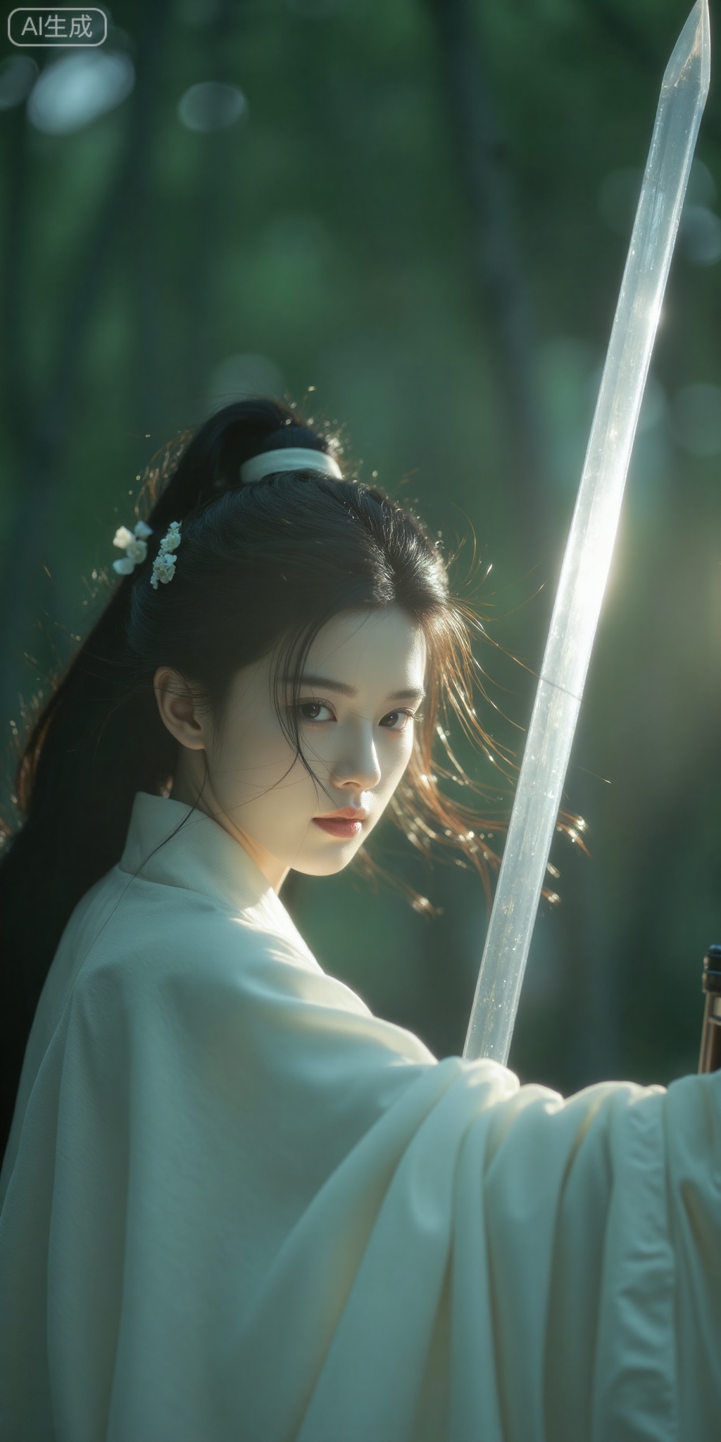 Please cool down,The image is a high-resolution photograph capturing a young Asian woman in a dramatic,action-oriented scene. She is positioned slightly off-center to the right,with a large,gleaming white sword cutting diagonally across the frame,casting a soft,ethereal light that highlights her face and the surrounding foliage. The woman's dark,straight hair is partially covered by the sword and adorned with delicate,flower-shaped hairpins. Her expression is intense and focused,with a slight frown and narrowed eyes,suggesting she is preparing for battle or a moment of high tension.,She wears a traditional,light-colored,flowing robe,possibly of silk or similar fabric,which adds to the serene yet dynamic atmosphere. The background is blurred,with shades of green and hints of sunlight filtering through,creating a dreamy,almost otherworldly effect. The overall color palette is soft and muted,with the sword's reflection adding a touch of brightness and contrast. The photograph emphasizes the woman's delicate features,the smoothness of her skin,and the sharpness of her gaze,blending elements of traditional and modern photography techniques to create a captivating,almost cinematic moment.,