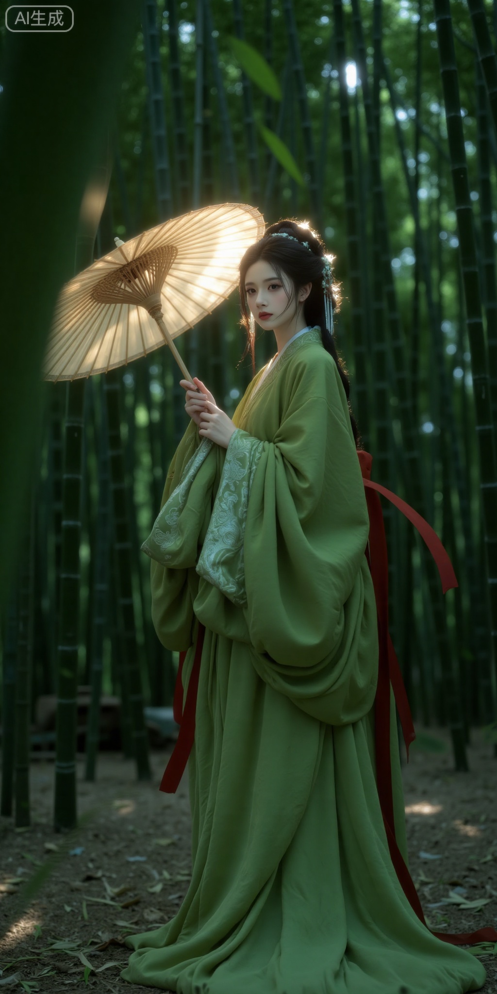 Please cool down,beauty,This is a highly detailed, high-resolution photograph featuring a young woman in traditional East Asian attire, likely inspired by Chinese or Japanese culture. She stands in a serene bamboo forest, bathed in soft, golden light that filters through the dense foliage. Her skin is fair with a slight blush, and she has delicate features, including a small, pointed nose and full lips. Her hair is styled in an intricate updo, adorned with ornate hairpins and a small, decorative hairpiece that hangs down her back.She wears a long, flowing green robe with wide sleeves and intricate patterns, which contrasts beautifully with the natural green surroundings. The robe is made of a smooth, silky fabric that drapes elegantly around her body. A red sash ties around her waist, adding a pop of color to the ensemble. She holds a large, open parasol above her head, casting a soft, warm glow around her. The parasol is made of a translucent material, allowing some light to filter through while providing shade.The background is a lush bamboo forest with tall, slender bamboo stalks and greenery that extends into the distance. The ground is covered in a layer of dry leaves and dirt, adding to the natural, untouched feel of the setting.