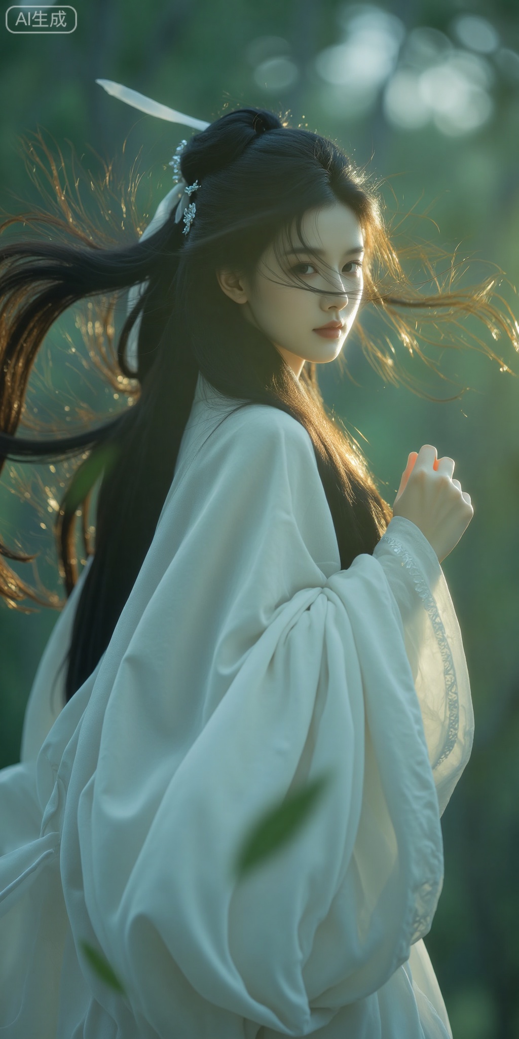 Solitude, evening breeze, long hair, confusion, classical woman, strong wind, white off shoulder sequined big sleeved Hanfu, Ding Dal light, Rembrandt light, hazy filter, beautiful woman with cold white skin, cool story sense
