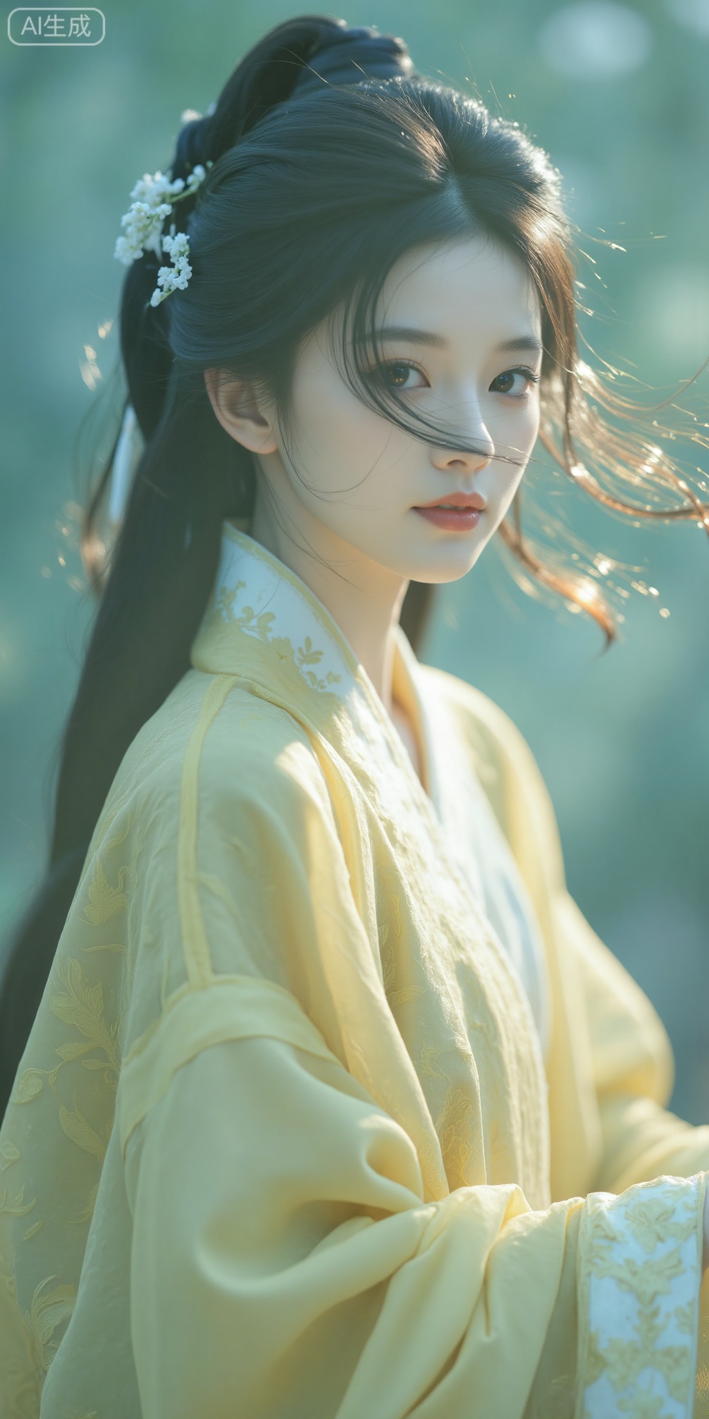Real photo, a stunning beauty from ancient times, with jade bones and icy skin, eyes like autumn water, clear and bright, skin better than snow, black hair, beautiful appearance, perfect figure, goose-yellow cheongsam, embroidered with little white flowers, the background is light blue, hazy beauty, perfect composition, high-definition quality, 32K