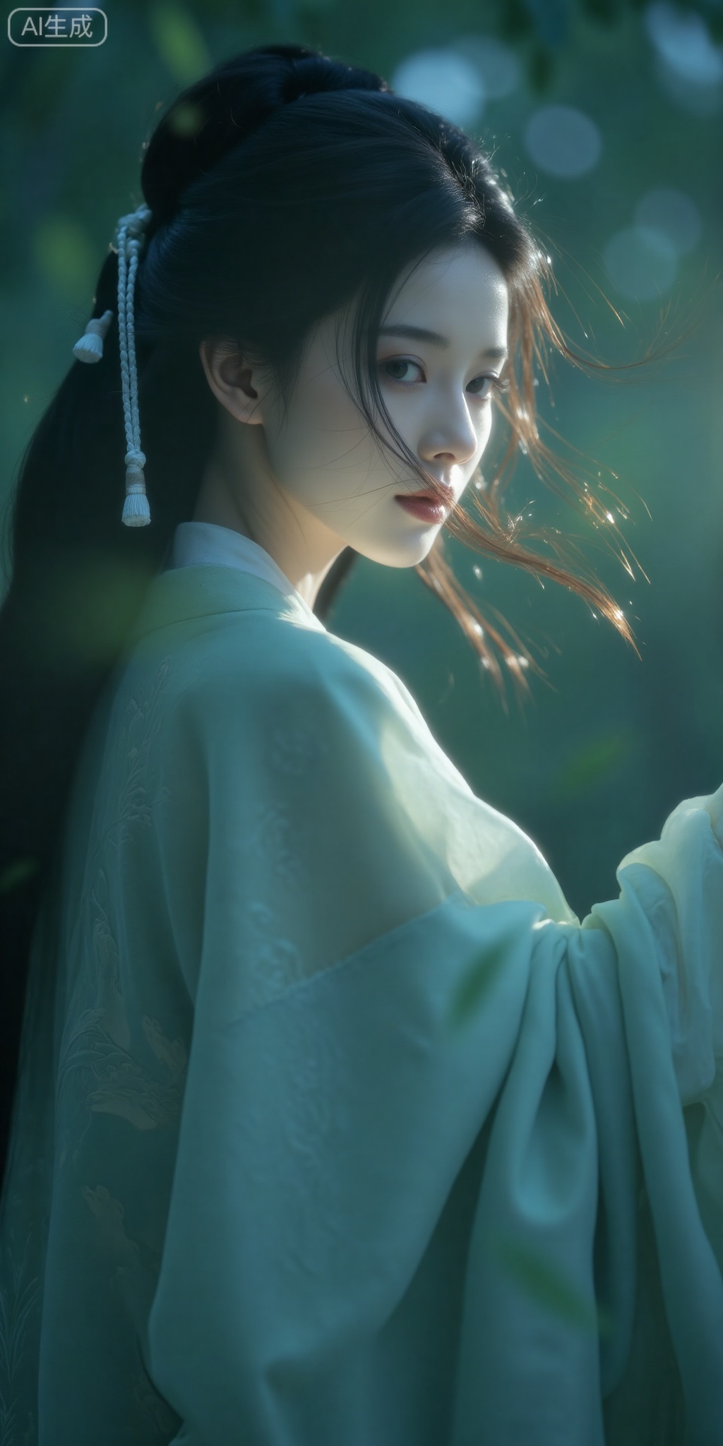 In the soft lighting and dreamy atmosphere, a woman dressed in a blue-green Tang costume is fully immersed in the painting. Her skin is like snow, and her face is as beautiful as a flower. The womans temperament is ethereal and ethereal, as if she is not exposed to worldly fireworks, yet also possesses a charming and enchanting state, captivating peoples hearts. At the same time, she exudes a cold and aloof aura, making it difficult for people to approach her. Her graceful and mysterious behavior is enchanting and captivating. The light shone from the side, outlining her graceful figure. Photography style, fixed focus lens, romantic rendering, soft side lighting, fresh color tones, 16K.