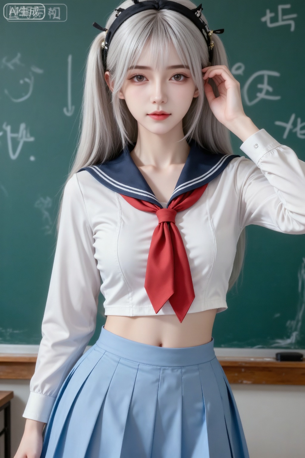 masterpiece, best quality, high quality, extremely detailed CG unity 8k wallpaper, extremely detailed, High Detail, vibrant colors, anime style, cover art,(artist:quasarcake:0.8),extreme aesthetic,(wlop:0.6),masterpiece,best quality,good quality,newest,very aesthetic,absurdres,Visual impact,32K UHD,sharp focus,(mogumo:1.1),(good hands, nice hands:0.5),impactful picture,offcial art,
1girl, solo, long hair, looking at viewer, bangs, skirt, shirt, red eyes, long sleeves, navel, twintails, closed mouth, school uniform, standing, white shirt, white hair, grey hair, sidelocks, cowboy shot, pleated skirt, hairband, serafuku, midriff, indoors, hand up, sailor collar, blue skirt, neckerchief, sleeves past wrists, black hairband, blue sailor collar, red neckerchief, chalkboard
