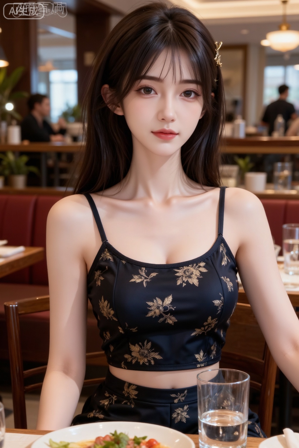 Masterpiece, the best quality, high quality, small breasts,,(black hair:1.4),(long legs:1.3),(thin legs:1.4), 1girl, symmetrical composition, high-end restaurant, warm atmosphere, portrait photography, daily snapshot style, non-exquisite composition or shiny, temperamental beauty, brown hair, a pinch of hair hanging naturally, low-level hair, hairpin, French wrap-around long skirt, delicate jacquard dark patterns, pure desire outfit, sitting at a large table, posing