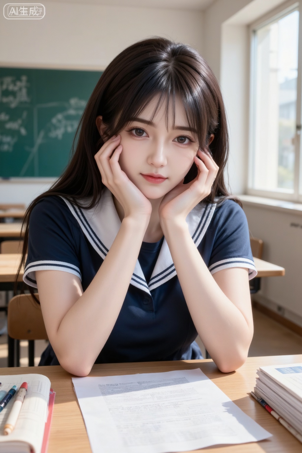 Masterpiece, the best quality, high quality, small breasts,,(black hair:1.4),(long legs:1.3),(thin legs:1.4), 1girl, the warm sunlight shines into the classroom, sitting by the window table, a gentle and kind girl sitting in front of the table, the hidden blue paired with white summer lapel short-sleeved school uniform made her feel refreshed and refreshed. She leaned forward to the camera (the sense of perspective makes her face look big). The girl’s narrow face was inlaid with bright eyes, looking at the camera warmly, her slender hands raised and held tightly, holding the hands stretched out from the bottom of the picture and pressed on her face. On the table were thick books, flat test papers and stationery, etc., macro close-up, her hands and faces were sticking together, and she had enough light to illuminate the delicate facial features