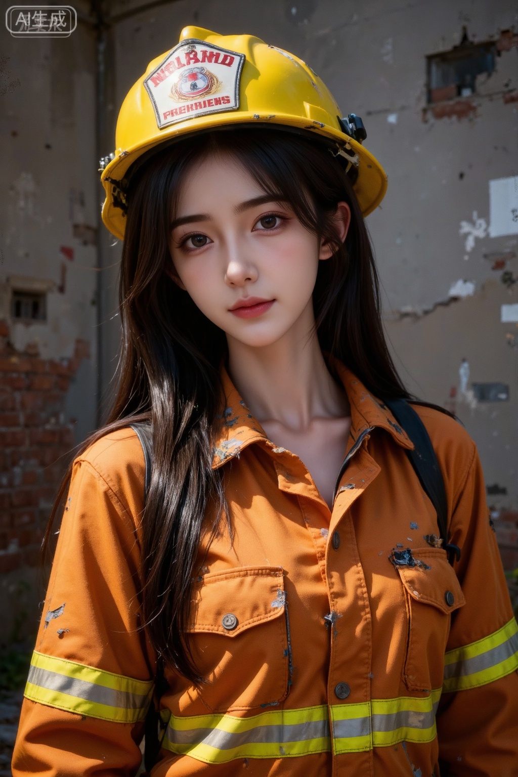 Masterpiece, the best quality, high quality, huge breasts,,(black hair:1.4),(long legs:1.3),(thin legs:1.4), 1girl, an extremely struggling Asian female firefighter wearing a fire helmet, perfect curves, disaster scene, damageless fire orange fire suit, severely damaged tight training high, fire rescue , clothes are dirty, stand attentive, hormones are bursting, abstinence, glass texture is randomly pointed at a highlight, despair, focus on the face with Rembrandt light, ignore details, express the contrast intensity of light and shadow, highlight the visual tension of the wide brush strokes on the face, look down, the feeling of applying pigments + texture, large strokes sweep, modern expressionist brush strokes, scrapers pile up thick texture, pigment particles slightly reflect, color warm and cold contrast, warm and warm colors are thickly painted with touch, cold and thin, artistic atmosphere is strengthened, portrait shoulders are not finished, oil painting pigments, dim light and shadows are transitioning naturally, most of the pictures are not completed, with rough lines exposed, dark, non-traditional composition method, strong perspective, breaking the routine, clear theme, focus is exciting, and visual impact is strong.