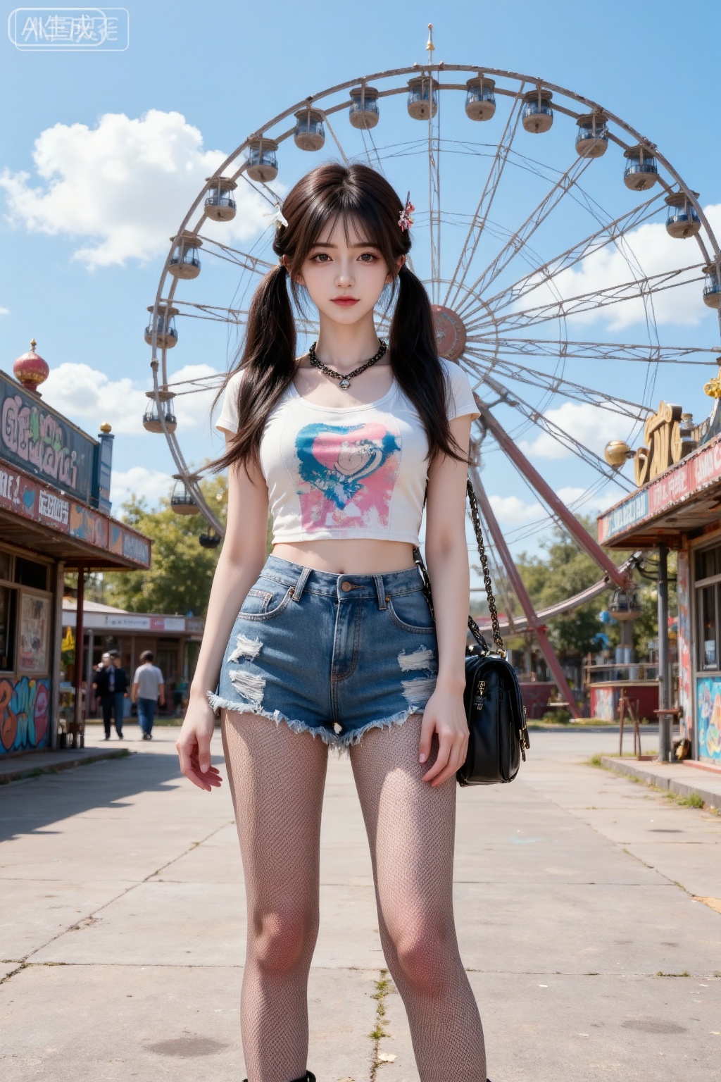 (masterpiece:1.2),(super long legs: 1.3),best quality,high resolution,unity 8k wallpaper,(illustration:1),(8k, RAW photo, best quality, masterpiece:1.2,),score_9,score_8_up,score_7_up,source_anime,masterpiece,best quality,1girl, front view, standing, pigtails with heart - shaped hairpins, chunky heeled boots, fishnet stockings, at an abandoned amusement park, rusty Ferris wheel in background, sunny day, wearing a cropped band t - shirt, ripped denim shorts with safety pins, layered necklaces, colorful graffiti on old booths, cotton candy - colored clouds, chain - strap bag slung over shoulder,masterpiece,best quality,high quality,overexposure,chromatic_aberration,light,fair_skin, very aesthetic,absurdres, masterpiece, amazing quality,(aestivation:0.4),(nasii:0.4),(toosaka asagi:0.4),(atdan:0.4),(artist:quasarcake:0.8),(iumu:0.72),(wlop:0.72),96YOTTEA,Konya Karasue, //, depth of field,detailed light,blurry background,best shadow,shiny skin,cinematic lighting,ray tracing, amazing quality, very aesthetic, absurdres, best quality, ultra detailed, newest,8K,HDR