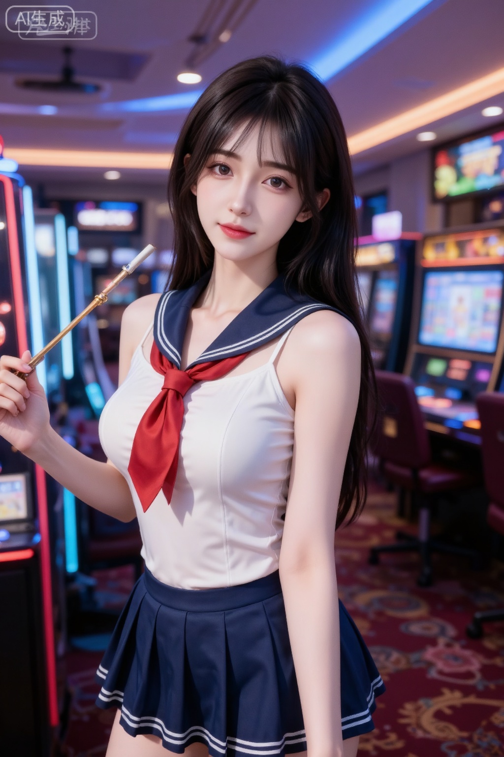 Masterpiece, the best quality, high quality,  huge breasts,,(black hair:1.4),(long legs:1.3),（thin legs：1.4）,1girl,huge filesize,wallpaper,in summer,full_shot,sailor_senshi_uniform,smile,casino,wand,