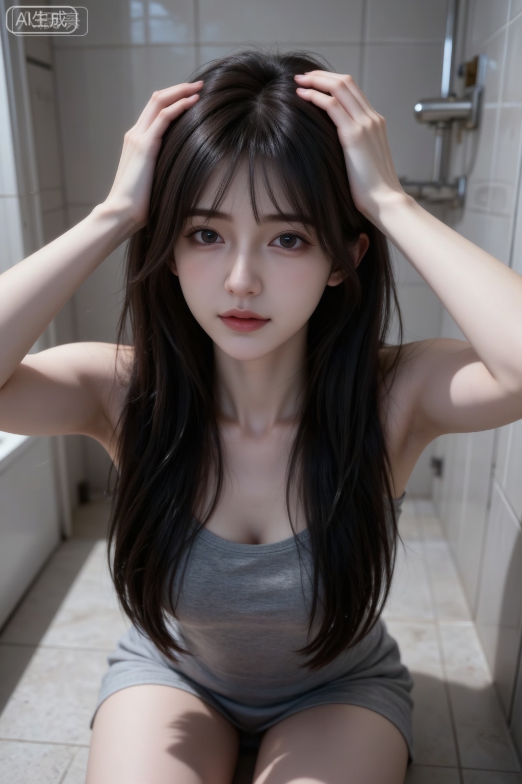 Dark and hazy, faint light color faded, long hair is hazy, focus is blurred, close-up, a lively fuzzy portrait of Violet beauty, first person perspective, mouth slightly open, half kneeling on the ground looking at the camera, with hands on the head, bathroom, high angle shot from top to bottom, downward view, front, messy beauty, high appearance, jk, retro, blur, low saturation, reflection, texture, flood blur, high noise, film grain texture, minimalist style, grayscale aesthetic, freehand painting, avant-garde visual art aesthetic, high-level sense, masterpiece.