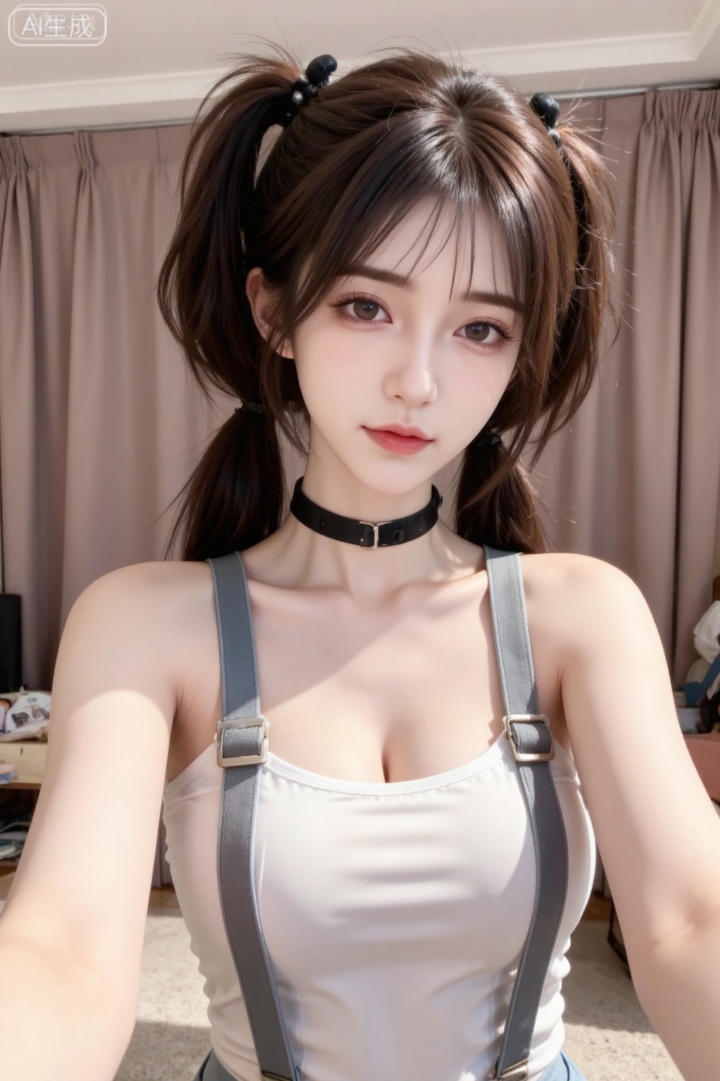 Daily snapshot style, real and casual aesthetics, (Internet celebrity beauty with low double ponytails, wearing a pure and sexy tight suspender vest, wearing a black collar, presenting a close-up face from a tilted perspective, looking at the camera, in an ordinary room, with solid color curtains in the background, using non-careful composition and non-professional lighting of the internet celebrity atmosphere) to create a natural and not deliberately daily atmosphere