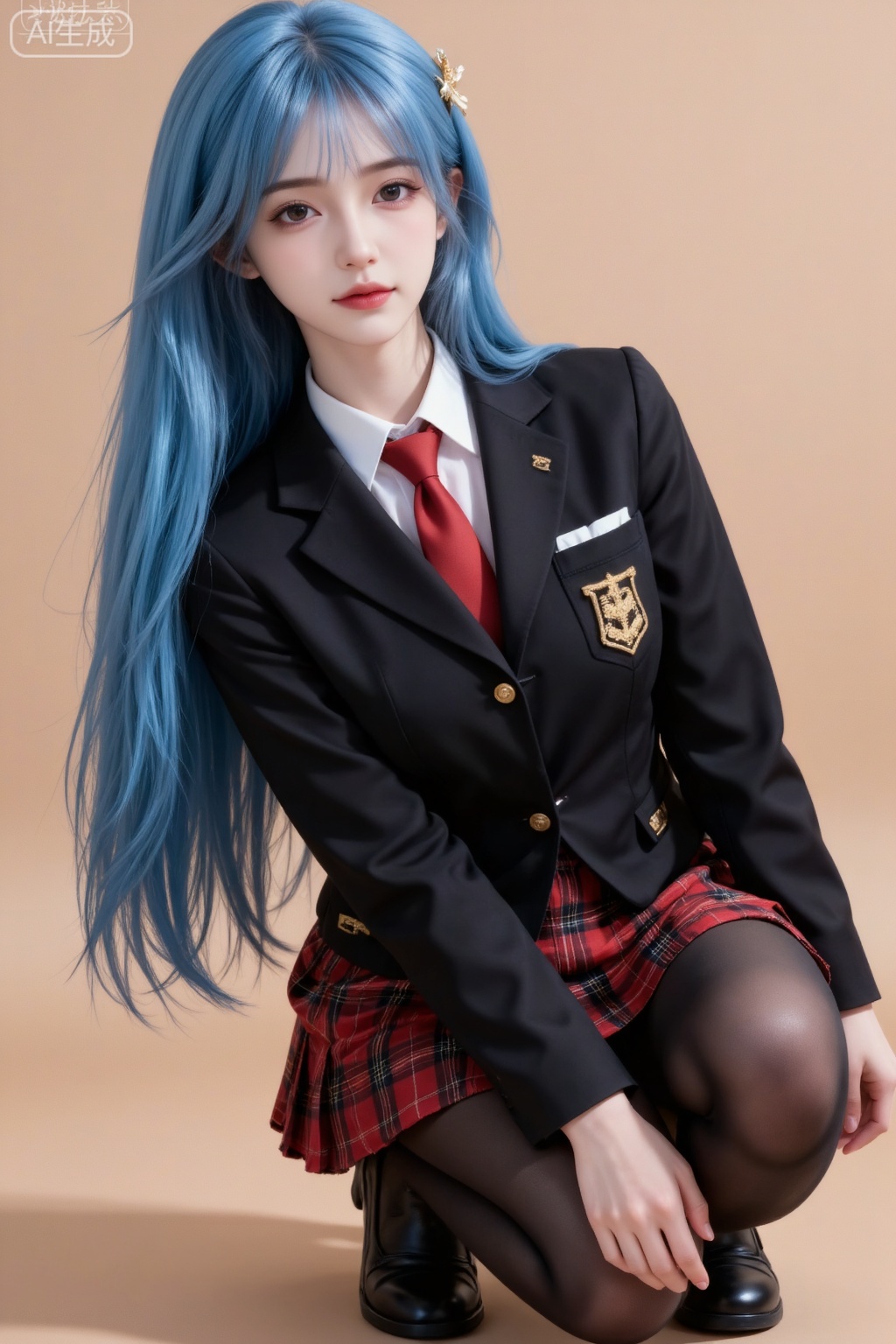 Masterpiece, the best quality, high quality, (colorful) , big breasts,,(black hair:1.4),(long legs:1.3), (cowboy_shot), (Good structure),The image depicts a young woman with long,  wearing a school uniform consisting of a dark blazer with gold buttons, a red tie, a red plaid skirt, and black opaque tights. She is crouching down with her legs bent and her hands resting on her knees. The background is a plain, light brown color, providing a neutral backdrop that highlights the subject. The overall style of the image is anime-inspired, characterized by the stylized features and vibrant colors.blue hair ornament