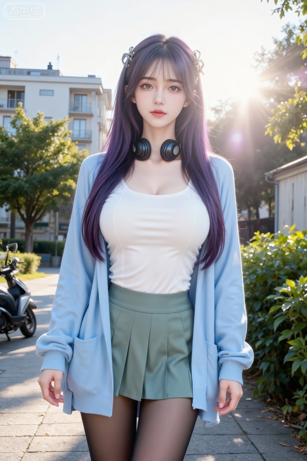 Masterpiece, the best quality, high quality, (colorful) , huge breasts,,(black hair:1.4),(long legs:1.3),1girl, solo, long hair, breasts, blush, open mouth, bangs, blue eyes, skirt, large breasts, purple hair, shirt, long sleeves, cleavage, hair between eyes, standing, white shirt, pantyhose, pleated skirt, shoes, shiny, shiny hair, black pantyhose, headphones, clothes pull, sunlight, cardigan, green skirt, pantyhose pull, headphones around neck, shoes removed, single shoe, blue cardigan, nakano miku