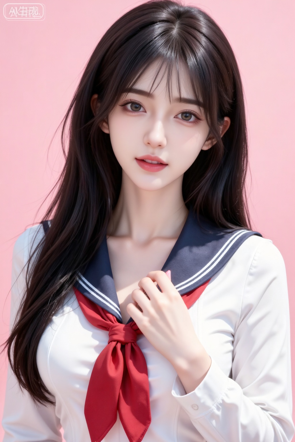  masterpiece, best quality, high quality, extremely detailed CG unity 8k wallpaper, extremely detailed, High Detail, vibrant colors, anime style, cover art,(artist:quasarcake:0.8),(mon (monmon2133):0.5),(mochizuki kei:0.95), (wlop:0.6),extreme aesthetic,masterpiece,best quality,good quality,newest,very aesthetic,absurdres,Visual impact,32K UHD,colorful,sharp focus,impactful picture,offcial art, 
1girl, solo, long hair, breasts, looking at viewer, open mouth, bangs, large breasts, simple background, shirt, long sleeves, white background, navel, school uniform, yellow eyes, white shirt, upper body, black hair, serafuku, fang, sailor collar, fingernails, neckerchief, pink background, hand on own chest, red neckerchief, pink nails, long fingernails, cropped torso