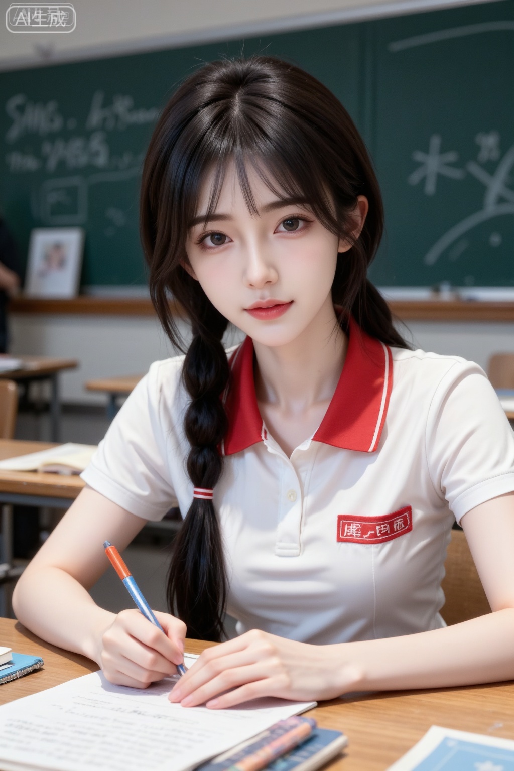 Masterpiece, the best quality, high quality, huge breasts,,(black hair:1.4),(long legs:1.3),(thin legs:1.4), 1girl, photographic realistic style, you are the same deskmate in the picture. Double braids, small and cute, you have a clean face, a little shy, and your eyes are bright and clear.
Wearing a red-collar white shirt, the red and white combination is bright and eye-catching. The desk was filled with textbooks and stationery, and you were writing notes intently.
Light comes in from the windows, illuminating half of your face, creating a soft shadow.
The viewing angle is slightly sideways, and the three-part method is used to compose the picture. The depth of field is moderate, and the background is the blackboard in the classroom and the figures of other classmates. The blurring process is to highlight your serious appearance.