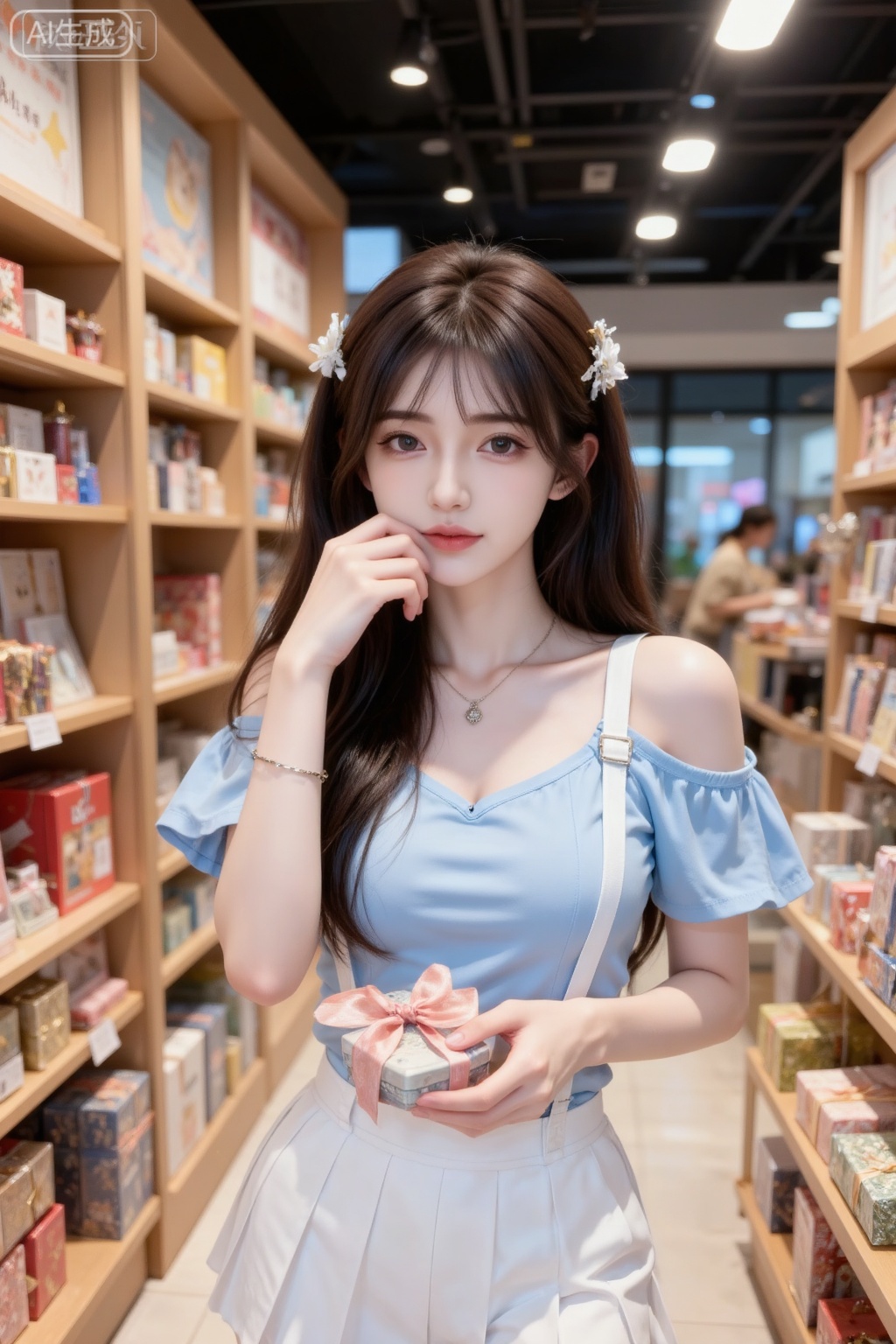 (movie-grade face light: 1.6), (ray tracing: 1.5), (smooth skin with cool white skin texture: 1.7), (moisturized light: 1.5), (the character has the best bone shape: 1.2), (net-like face: 1.6) (net-like makeup: 1.6), (with necklace: 1.1), a group photo of the atmosphere, a girl, a girl with long hair and waist-like cute appearance like a doll, wearing pure desire, brown long hair, vitality, long hair and waist-like, slightly curly, white pig intestine hair circle tied with oblique hair, thin slanted bangs, a light blue loose slanted shoulder top, a white pleated short skirt, one hand is versatile, playful, pursed lips, and holding a gift box with the other hand, inside the gift shop, clear, boiled water makeup, fore shot, warm color. The picture is blurred due to insufficient shutter speed, showing the gorgeous daily life in life. The side shot was lively, revealing long legs, revealing the shoulders, collarbone and suspenders, and the body leaned towards the camera to interact with the camera.
(Extreme details: 1.4), (Multi-dimensional composition, multi-angle: 1.6), (Optimal solution for comprehensive network hot products logic output: 1.6),