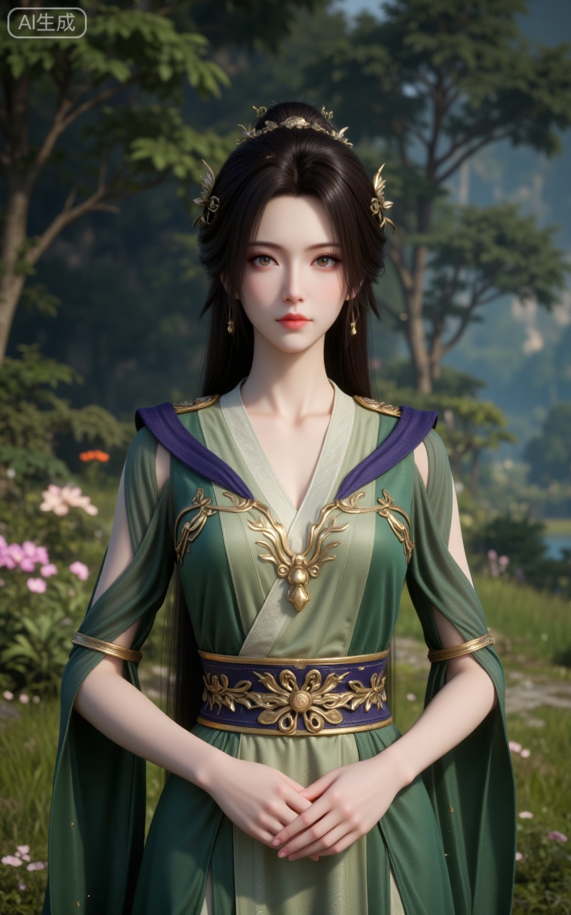 1girl, solo, green dress, upper body, brown hair, hair ornament, dress, long hair, closed mouth, tree, blurry background, hands on own hips, jewelry, outdoors, flower, realistic, brown eyes, grass, blurry,
lvjing,pifu,guanghuapifu,
blurry_background,tree,flowes,xiaoxuner,hanyunzhi