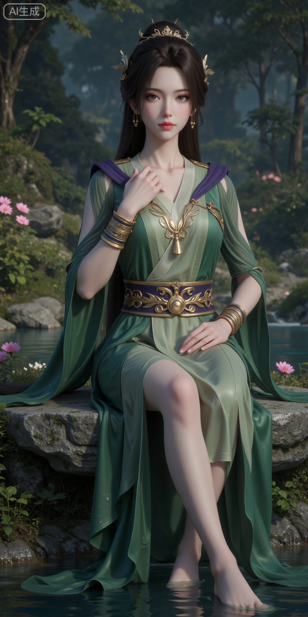1girl, solo, green dress, dress, water, long hair, hair ornament, jewelry, rock, bracelet, flower, brown hair, nature, black hair, tree, full body, outdoors, forest, sash,hand up,
lvjing,pifu,guanghuapifu,sitting,stone,cross legs,
blurry_background,tree,flowes,xiaoxuner,hanyunzhi