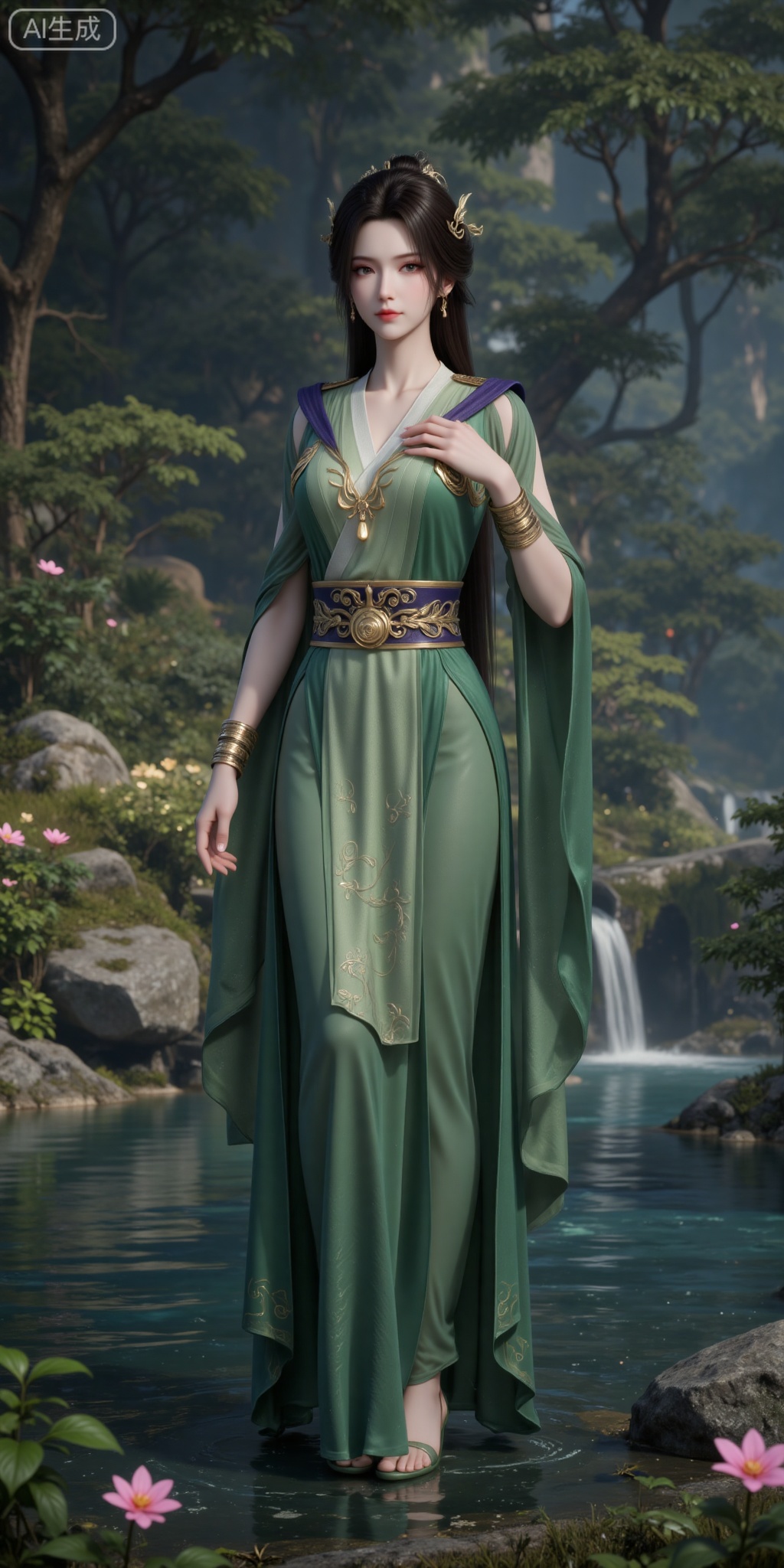 1girl, solo, green dress, dress, water, long hair, hair ornament, jewelry, rock, bracelet, flower, brown hair, nature, black hair, tree, full body, standing, outdoors, forest, sash,hand up,
lvjing,pifu,guanghuapifu,sitting,stone,
blurry_background,tree,flowes,xiaoxuner,hanyunzhi