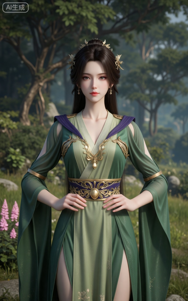 1girl, solo, green dress, upper body, brown hair, hair ornament, dress, long hair, closed mouth, tree, blurry background, hands on own hips, jewelry, outdoors, flower, realistic, brown eyes, grass, blurry,
lvjing,pifu,guanghuapifu,
blurry_background,tree,flowes,xiaoxuner,hanyunzhi