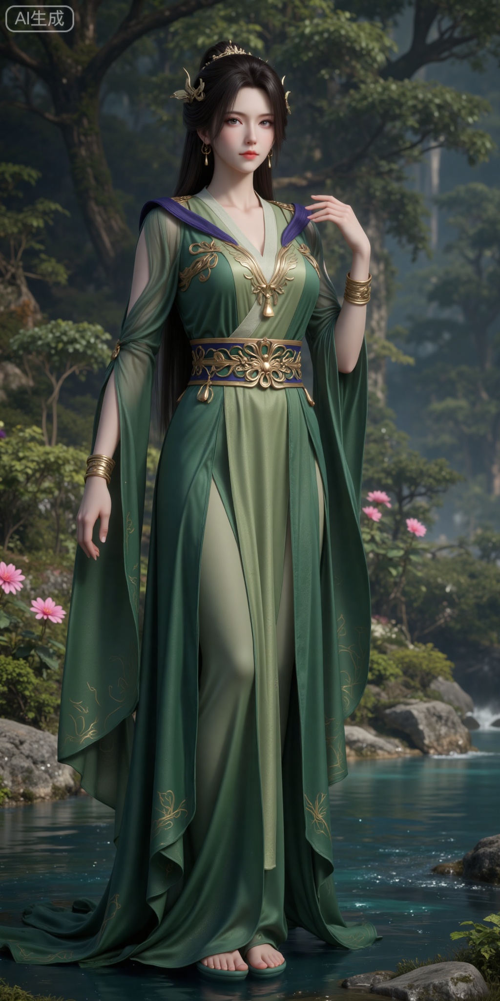 1girl, solo, green dress, dress, water, long hair, hair ornament, jewelry, rock, bracelet, flower, brown hair, nature, black hair, tree, full body, standing, outdoors, forest, sash,hand up,
lvjing,pifu,guanghuapifu,sitting,stone,
blurry_background,tree,flowes,xiaoxuner,hanyunzhi