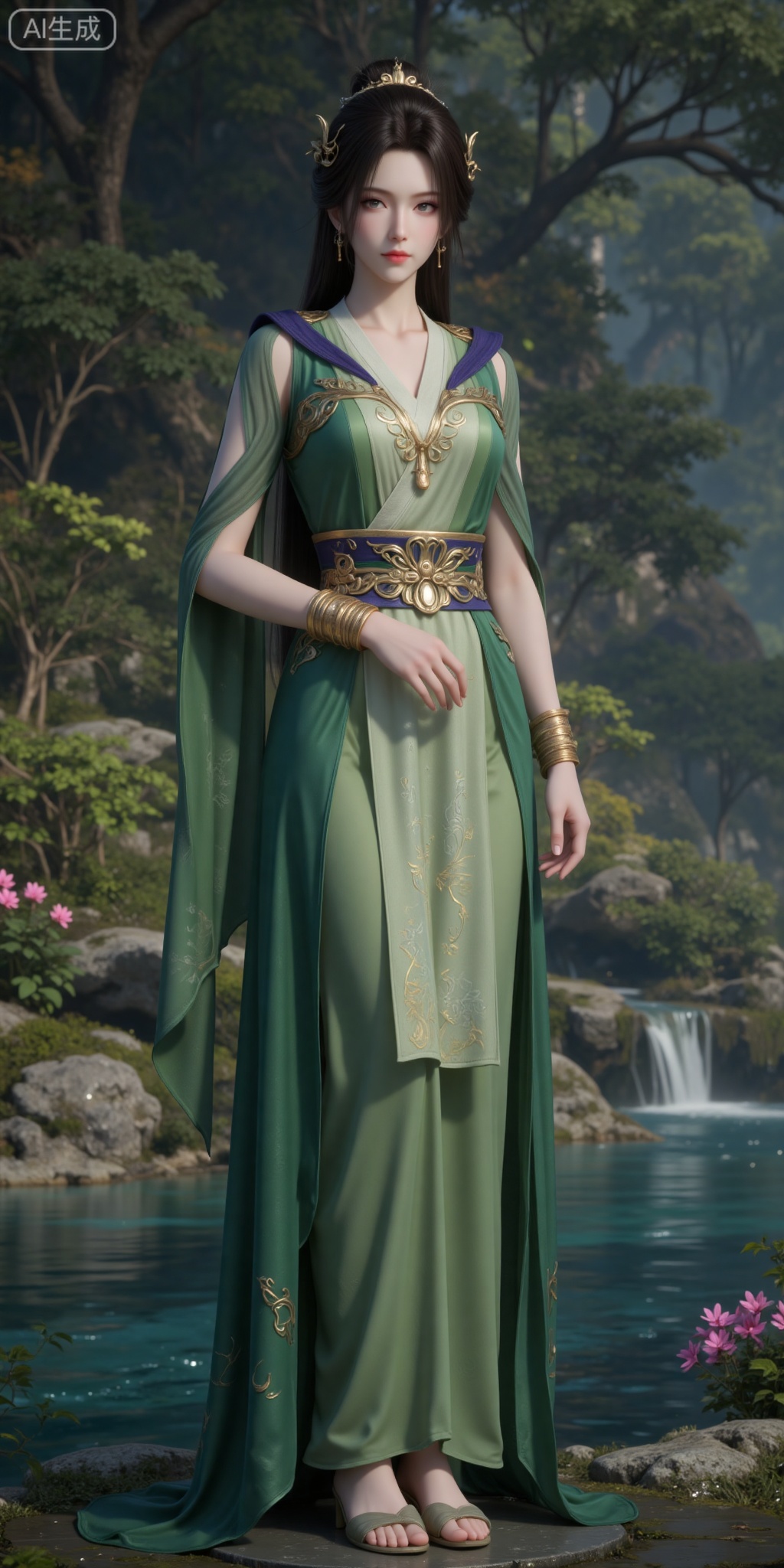 1girl, solo, green dress, dress, water, long hair, hair ornament, jewelry, rock, bracelet, flower, brown hair, nature, black hair, tree, full body, standing, outdoors, forest, sash,hand up,
lvjing,pifu,guanghuapifu,sitting,stone,
blurry_background,tree,flowes,xiaoxuner,hanyunzhi