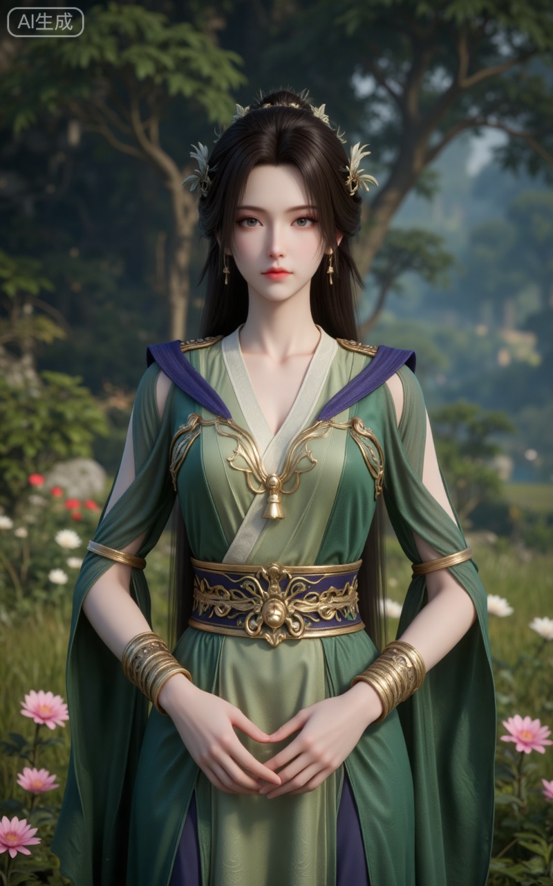 1girl, solo, green dress, upper body, brown hair, hair ornament, dress, long hair, closed mouth, tree, blurry background, hands on own hips, jewelry, outdoors, flower, realistic, brown eyes, grass, blurry,
lvjing,pifu,guanghuapifu,
blurry_background,tree,flowes,xiaoxuner,hanyunzhi