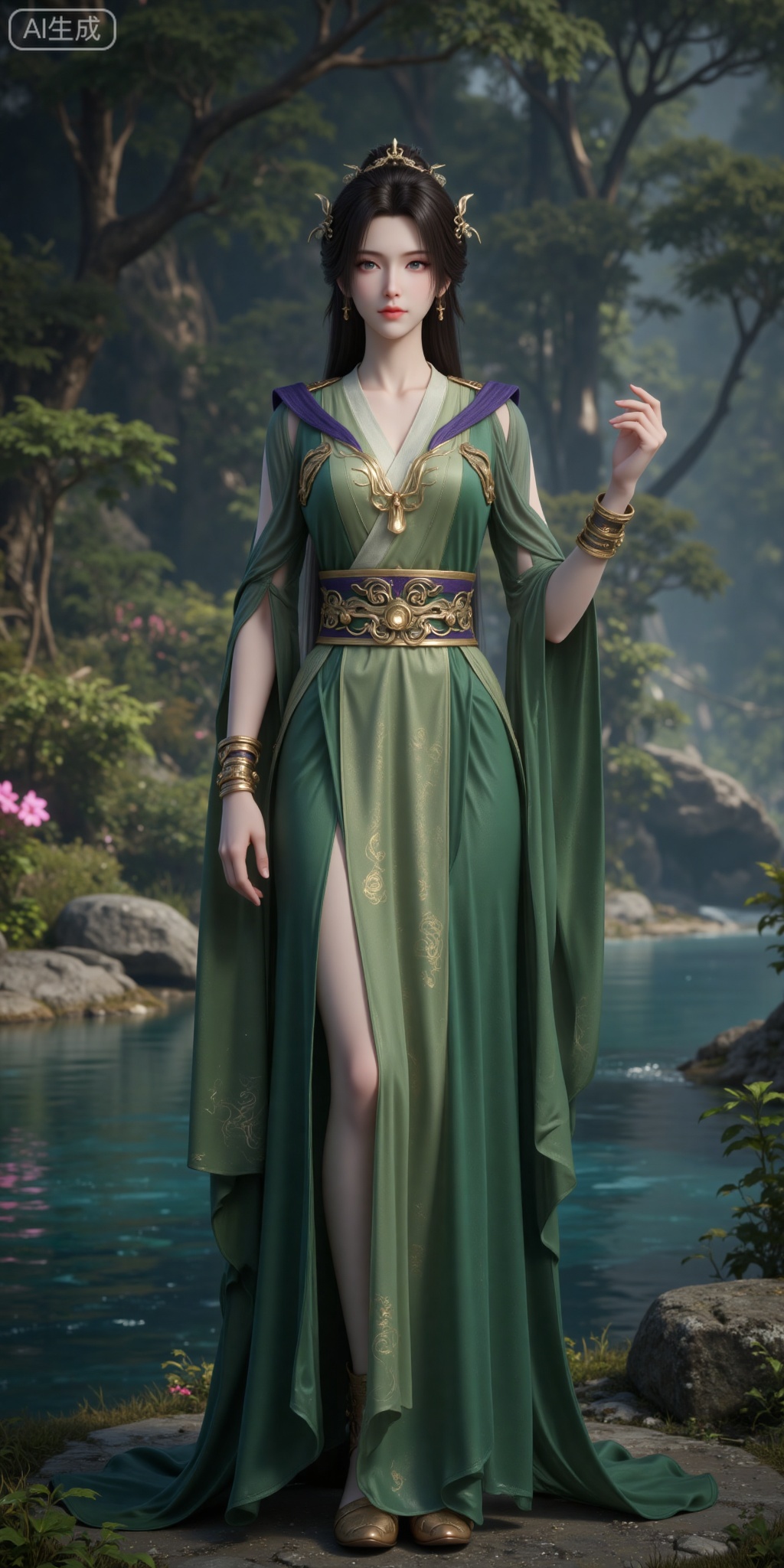 1girl, solo, green dress, dress, water, long hair, hair ornament, jewelry, rock, bracelet, flower, brown hair, nature, black hair, tree, full body, standing, outdoors, forest, sash,hand up,
lvjing,pifu,guanghuapifu,
blurry_background,tree,flowes,xiaoxuner,hanyunzhi