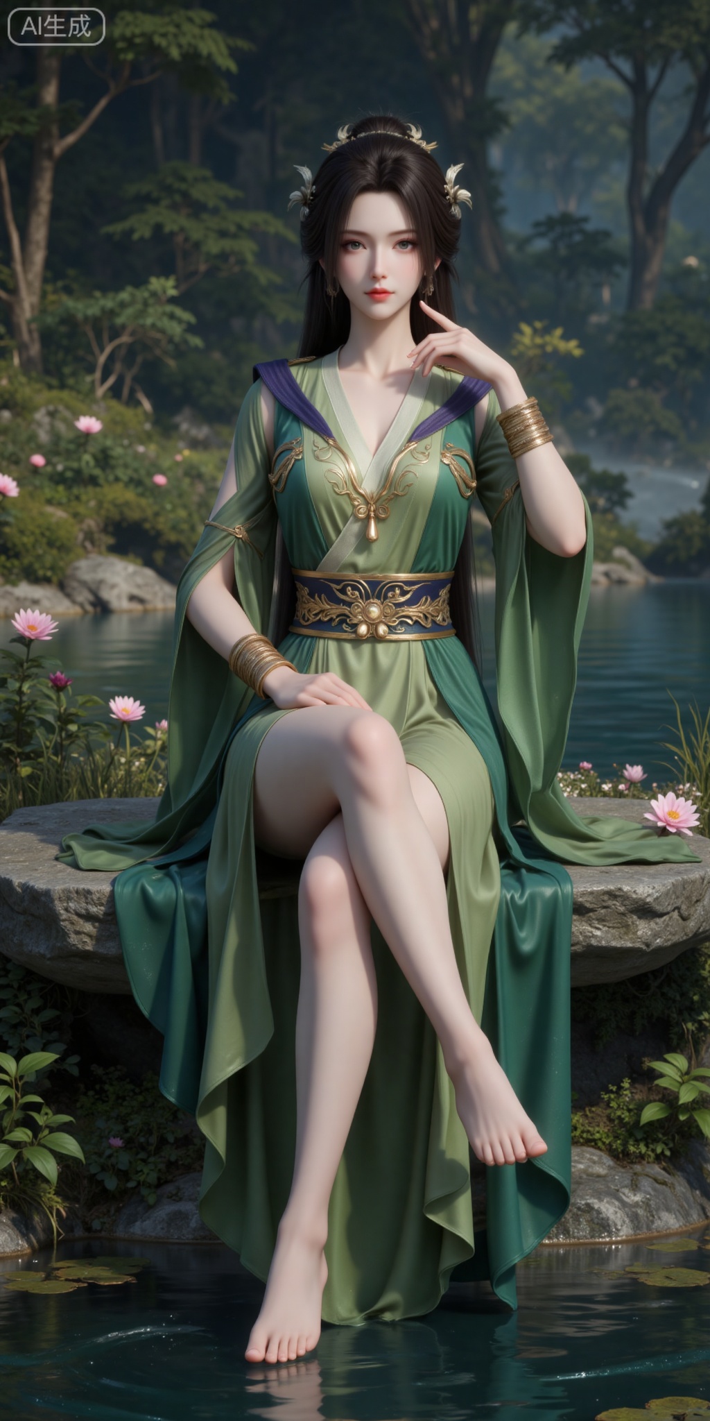 1girl, solo, green dress, dress, water, long hair, hair ornament, jewelry, rock, bracelet, flower, brown hair, nature, black hair, tree, full body, outdoors, forest, sash,hand up,
lvjing,pifu,guanghuapifu,sitting,stone,cross legs,legs,long legs,
blurry_background,tree,flowes,xiaoxuner,hanyunzhi