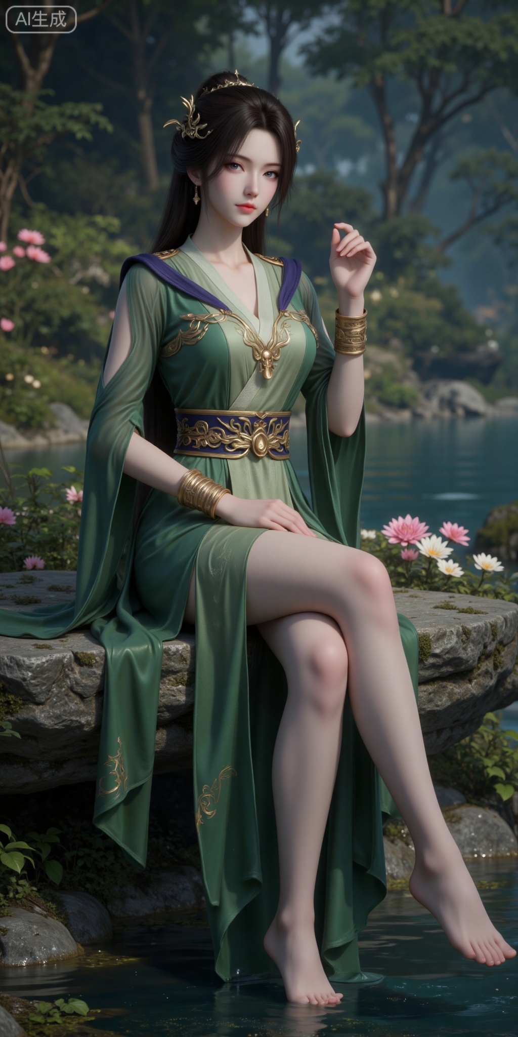 1girl, solo, green dress, dress, water, long hair, hair ornament, jewelry, rock, bracelet, flower, brown hair, nature, black hair, tree, full body, outdoors, forest, sash,hand up,
lvjing,pifu,guanghuapifu,sitting,stone,cross legs,legs,long legs,
blurry_background,tree,flowes,xiaoxuner,hanyunzhi